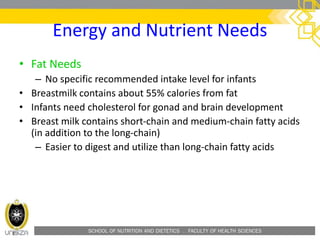 SCHOOL OF NUTRITION AND DIETETICS . FACULTY OF HEALTH SCIENCES
Energy and Nutrient Needs
• Fat Needs
– No specific recommended intake level for infants
• Breastmilk contains about 55% calories from fat
• Infants need cholesterol for gonad and brain development
• Breast milk contains short-chain and medium-chain fatty acids
(in addition to the long-chain)
– Easier to digest and utilize than long-chain fatty acids
 