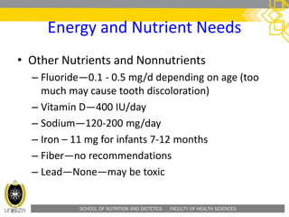 SCHOOL OF NUTRITION AND DIETETICS . FACULTY OF HEALTH SCIENCES
Energy and Nutrient Needs
• Other Nutrients and Nonnutrients
– Fluoride—0.1 - 0.5 mg/d depending on age (too
much may cause tooth discoloration)
– Vitamin D—400 IU/day
– Sodium—120-200 mg/day
– Iron – 11 mg for infants 7-12 months
– Fiber—no recommendations
– Lead—None—may be toxic
 