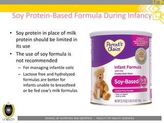 SCHOOL OF NUTRITION AND DIETETICS . FACULTY OF HEALTH SCIENCES
Soy Protein-Based Formula During Infancy
• Soy protein in place of milk
protein should be limited in
its use
• The use of soy formula is
not recommended
– For managing infantile colic
– Lactose free and hydrolyzed
formulas are better for
infants unable to breastfeed
or be fed cow’s milk formulas
 