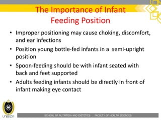 SCHOOL OF NUTRITION AND DIETETICS . FACULTY OF HEALTH SCIENCES
The Importance of Infant
Feeding Position
• Improper positioning may cause choking, discomfort,
and ear infections
• Position young bottle-fed infants in a semi-upright
position
• Spoon-feeding should be with infant seated with
back and feet supported
• Adults feeding infants should be directly in front of
infant making eye contact
 