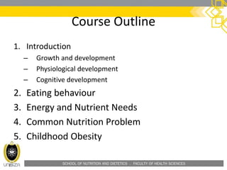 SCHOOL OF NUTRITION AND DIETETICS . FACULTY OF HEALTH SCIENCES
Course Outline
1. Introduction
– Growth and development
– Physiological development
– Cognitive development
2. Eating behaviour
3. Energy and Nutrient Needs
4. Common Nutrition Problem
5. Childhood Obesity
 
