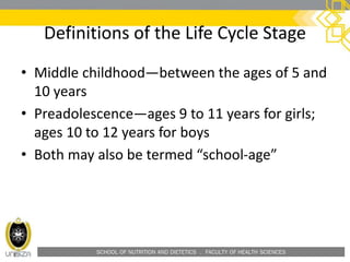 SCHOOL OF NUTRITION AND DIETETICS . FACULTY OF HEALTH SCIENCES
Definitions of the Life Cycle Stage
• Middle childhood—between the ages of 5 and
10 years
• Preadolescence—ages 9 to 11 years for girls;
ages 10 to 12 years for boys
• Both may also be termed “school-age”
 