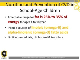 SCHOOL OF NUTRITION AND DIETETICS . FACULTY OF HEALTH SCIENCES
Nutrition and Prevention of CVD in
School-Age Children
• Acceptable range for fat is 25% to 35% of
energy for ages 4 to 18 year
• Include sources of linoleic (omega-6) and
alpha-linolenic (omega-3) fatty acids
• Limit saturated fats, cholesterol & trans fats
 