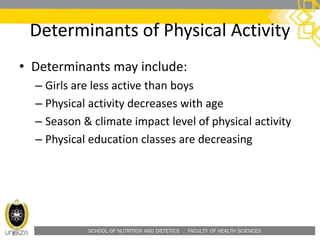 SCHOOL OF NUTRITION AND DIETETICS . FACULTY OF HEALTH SCIENCES
Determinants of Physical Activity
• Determinants may include:
– Girls are less active than boys
– Physical activity decreases with age
– Season & climate impact level of physical activity
– Physical education classes are decreasing
 