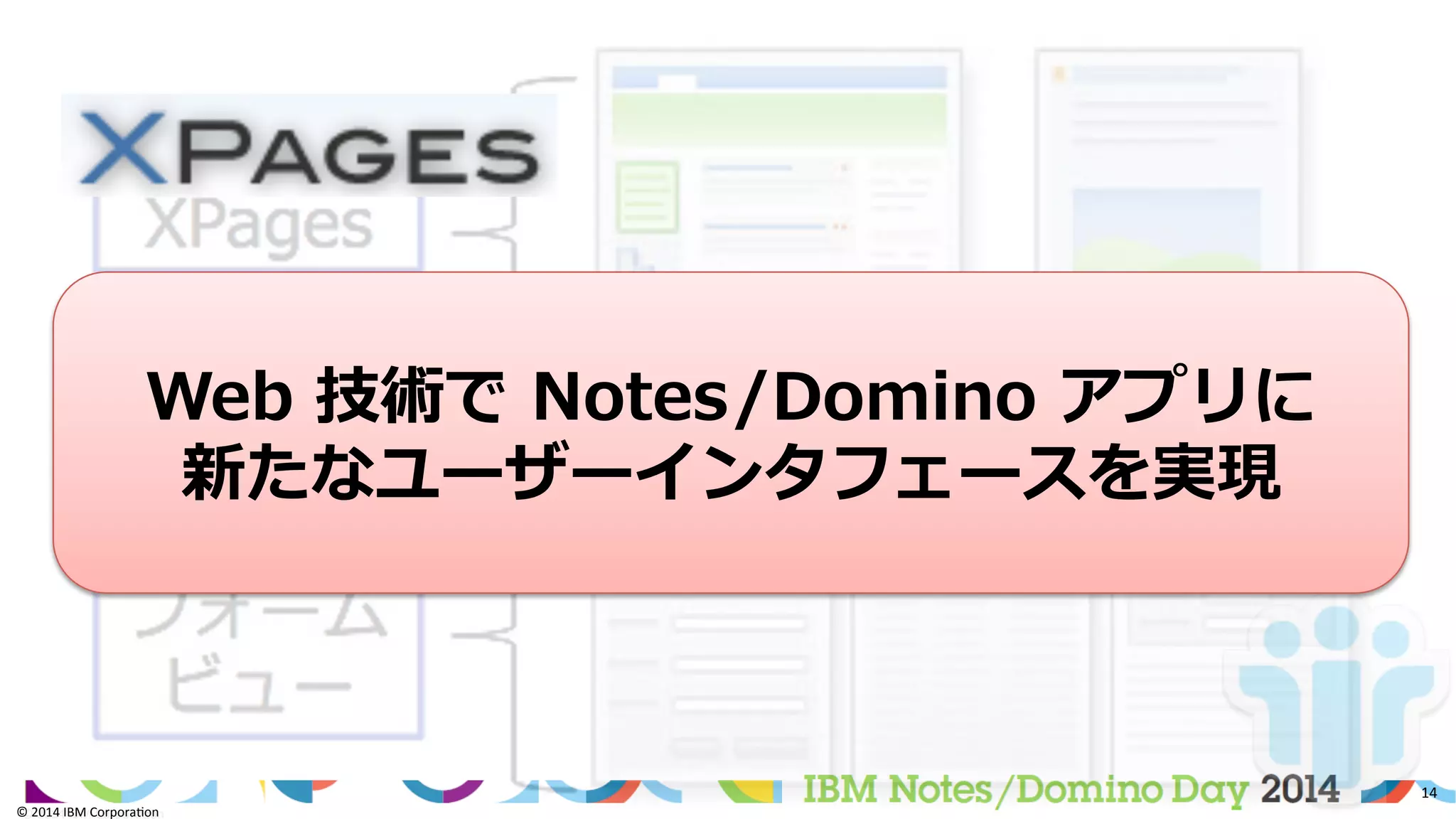 ©	
  2014	
  IBM	
  Corpora/on	
  
14	
  
©	
  2014	
  IBM	
  Corpora/on	
  
Web  技術で  Notes/Domino  アプリに
新たなユーザーインタフェースを実現
 