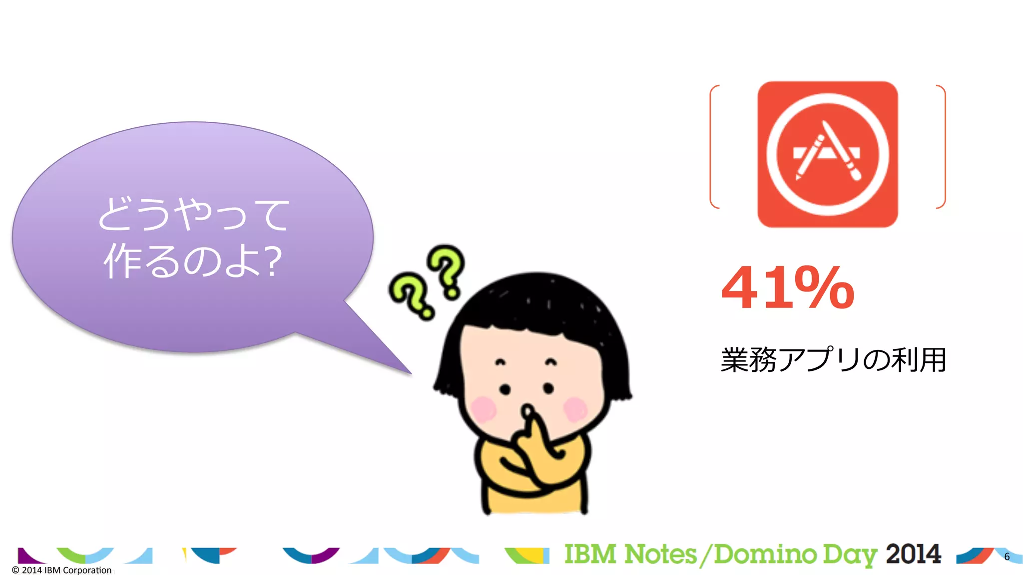 ©	
  2014	
  IBM	
  Corpora/on	
  
6	
  
©	
  2014	
  IBM	
  Corpora/on	
  
41%  
業務アプリの利利⽤用
どうやって
作るのよ?
 