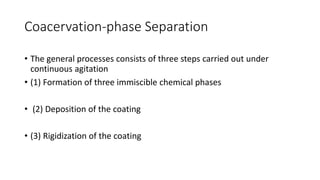 Coacervation-phase Separation
• The general processes consists of three steps carried out under
continuous agitation
• (1) Formation of three immiscible chemical phases
• (2) Deposition of the coating
• (3) Rigidization of the coating
 