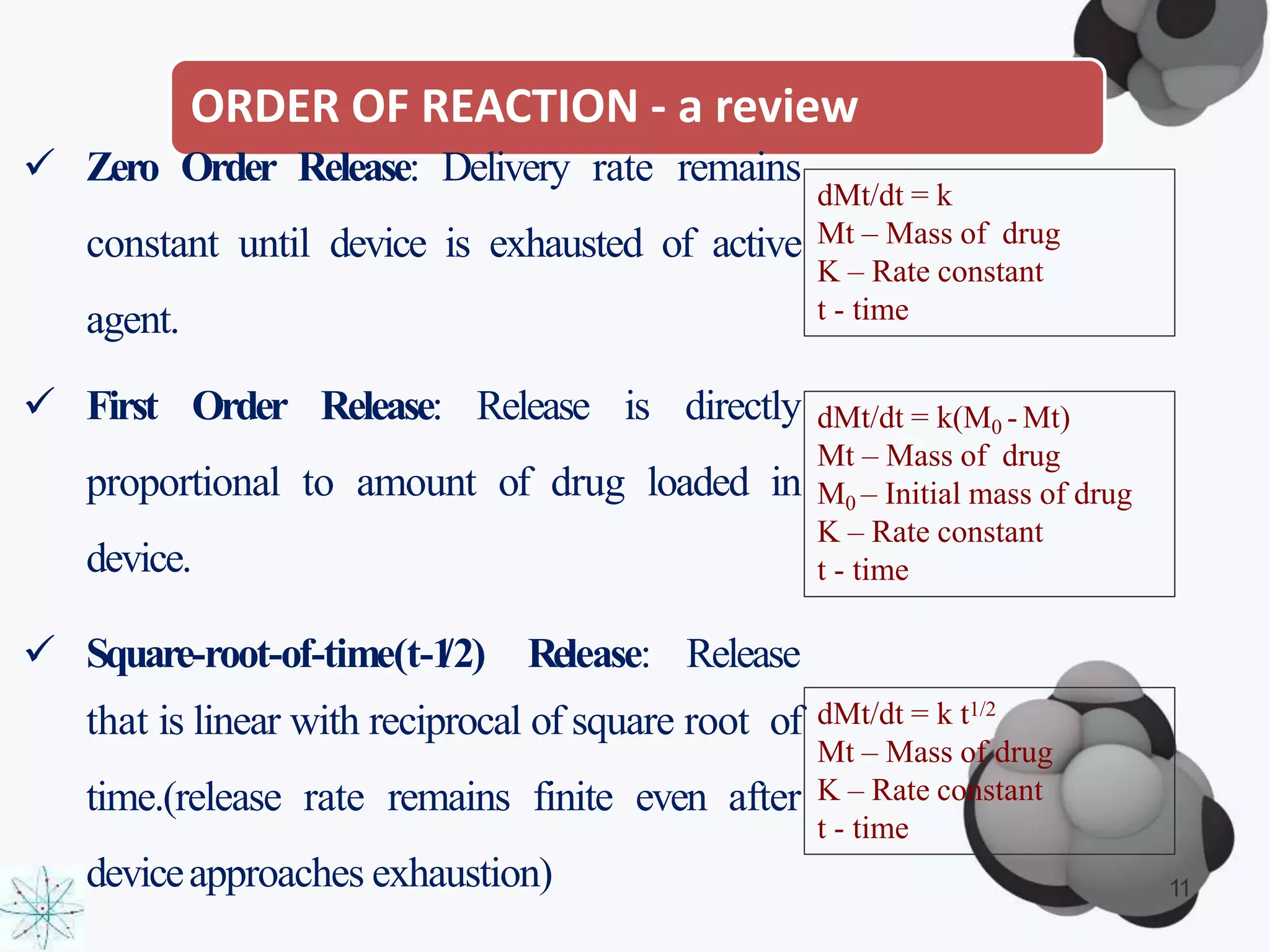 ORDER OF REACTION - a review
 Zero Order Release: Delivery rate remains
constant until device is exhausted of active
agent.
 First Order Release: Release is directly
proportional to amount of drug loaded in
device.
 Square-root-of-time(t-1/2) Release: Release
that is linear with reciprocal of square root of
time.(release rate remains finite even after
deviceapproaches exhaustion)
dMt/dt = k
Mt – Mass of drug
K – Rate constant
t - time
dMt/dt = k(M0 - Mt)
Mt – Mass of drug
M0 – Initial mass of drug
K – Rate constant
t - time
dMt/dt = k t1/2
Mt – Mass of drug
K – Rate constant
t - time
11
 