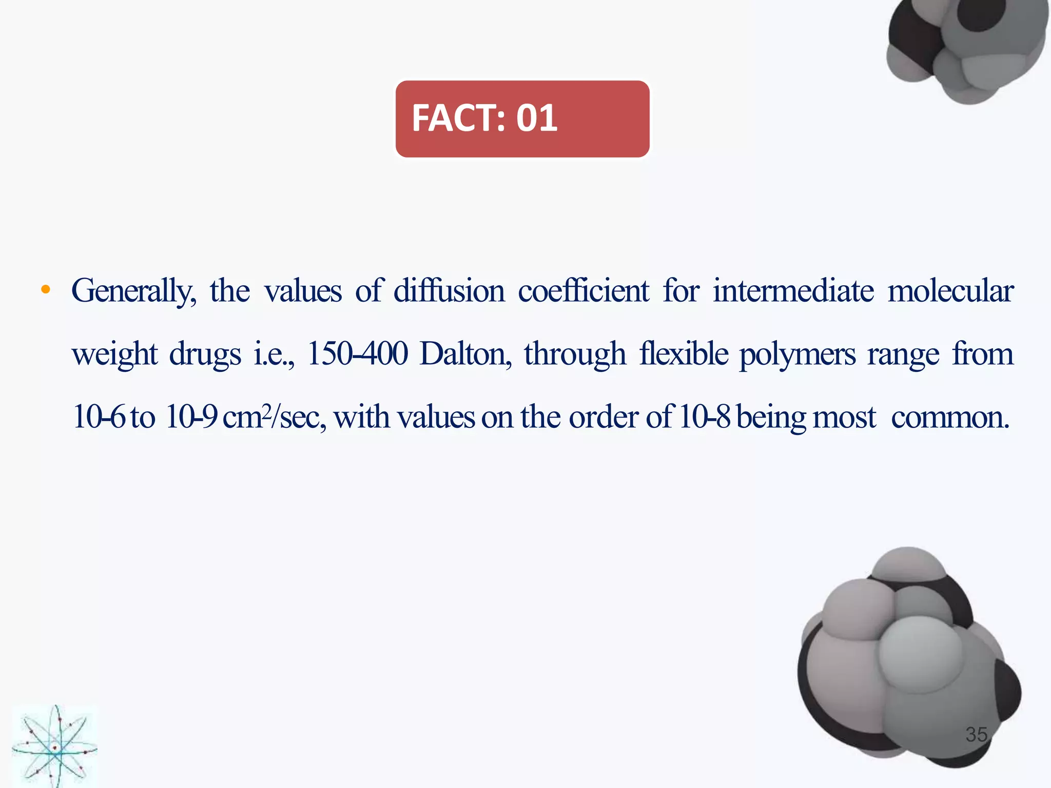 FACT: 01
• Generally, the values of diffusion coefficient for intermediate molecular
weight drugs i.e., 150-400 Dalton, through flexible polymers range from
10-6to 10-9cm2/sec,with valueson the order of10-8being most common.
35
 