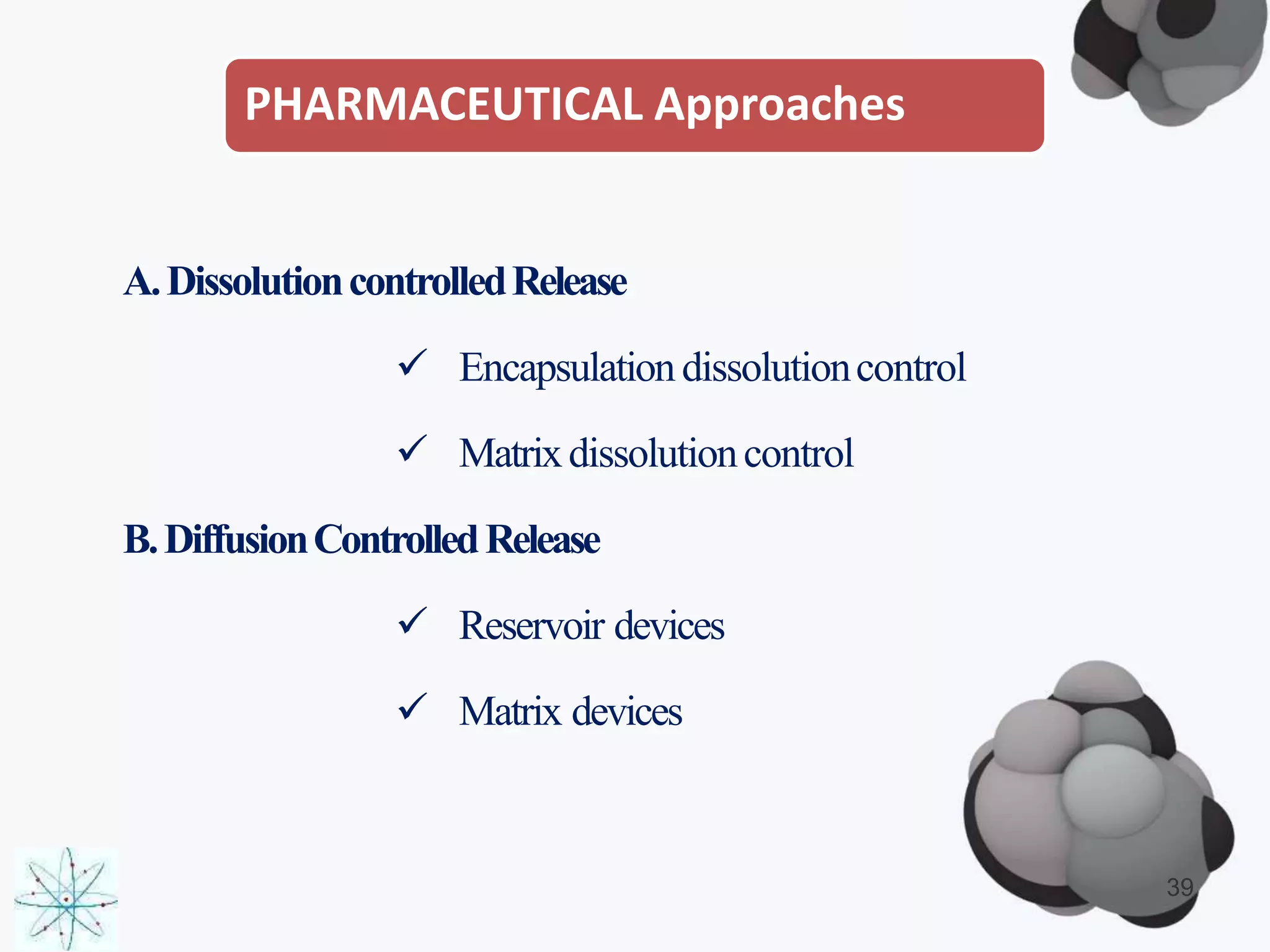 PHARMACEUTICAL Approaches
A.DissolutioncontrolledRelease
 Encapsulationdissolutioncontrol
 Matrixdissolutioncontrol
B.DiffusionControlledRelease
 Reservoir devices
 Matrix devices
39
 