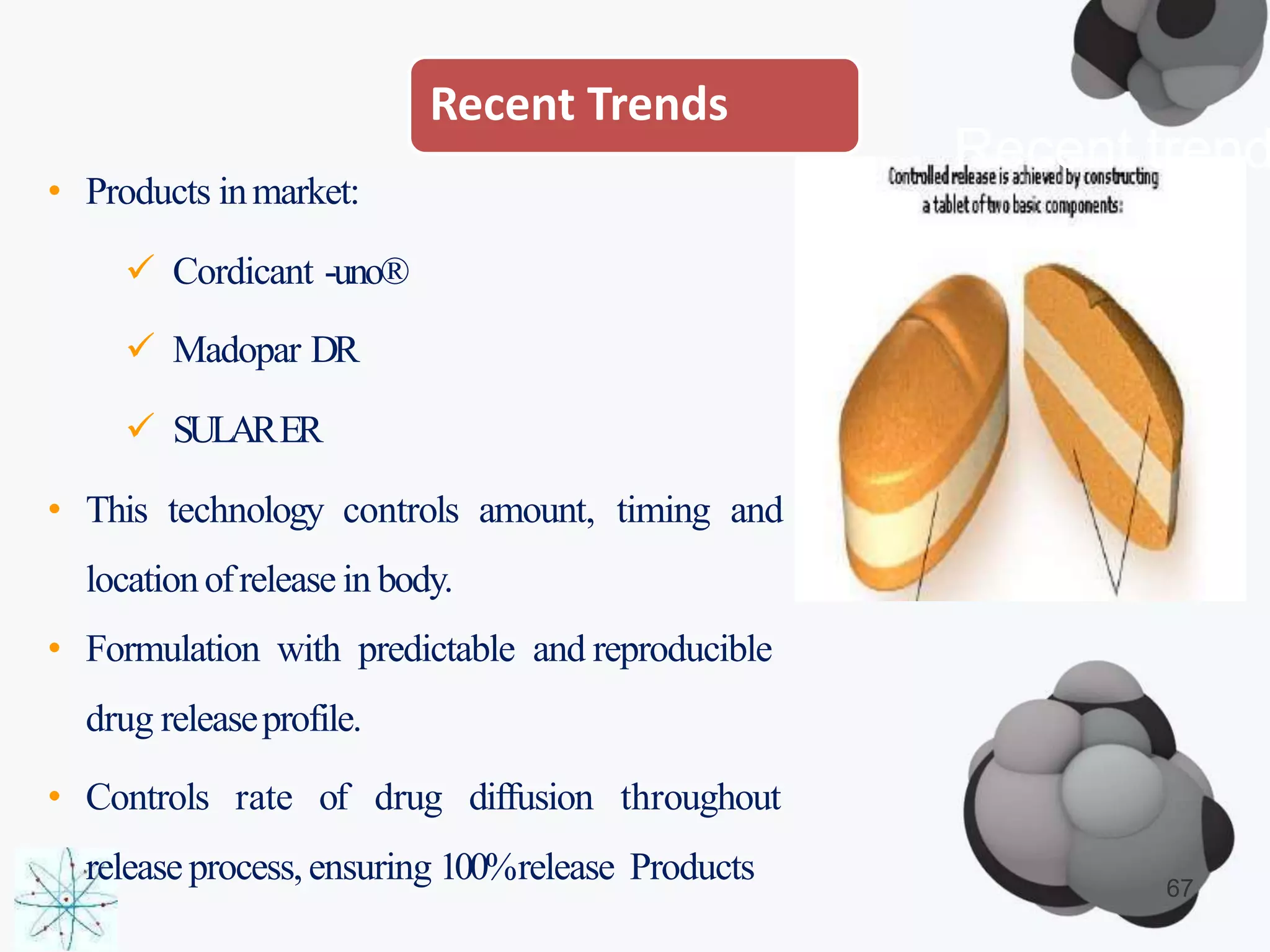 Recent Trends
• Products inmarket:
 Cordicant -uno®
 Madopar DR
 SULARER
• This technology controls amount, timing and
locationofrelease in body.
• Formulation with predictable and reproducible
drug releaseprofile.
• Controls rate of drug diffusion throughout
release process,ensuring 100%release Products 67
Recent trend
 