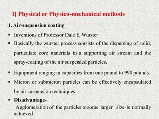 I] Physical or Physico-mechanical methods
16
1. Air-suspension coating
 Inventions of Professor Dale E. Wurster
 Basically the wurster process consists of the dispersing of solid,
particulate core materials in a supporting air stream and the
spray-coating of the air suspended particles.
 Equipment ranging in capacities from one pound to 990 pounds.
 Micron or submicron particles can be effectively encapsulated
by air suspension techniques.
 Disadvantage-
Agglomeration of the particles tosome larger size is normally
achieved
 