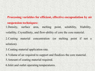 18
Processing variables for efficient, effective encapsulation by air
suspension techniques:
1.Density, surface area, melting point, solubility, friability,
volatility, Crystallinity, and flow-ability of core the core material.
2.Coating material concentration (or melting point if not a
solution).
3.Coating material application rate.
4.Volume of air required to support and fluidizes the core material.
5.Amount of coating material required.
6.Inlet and outlet operating temperatures.
 