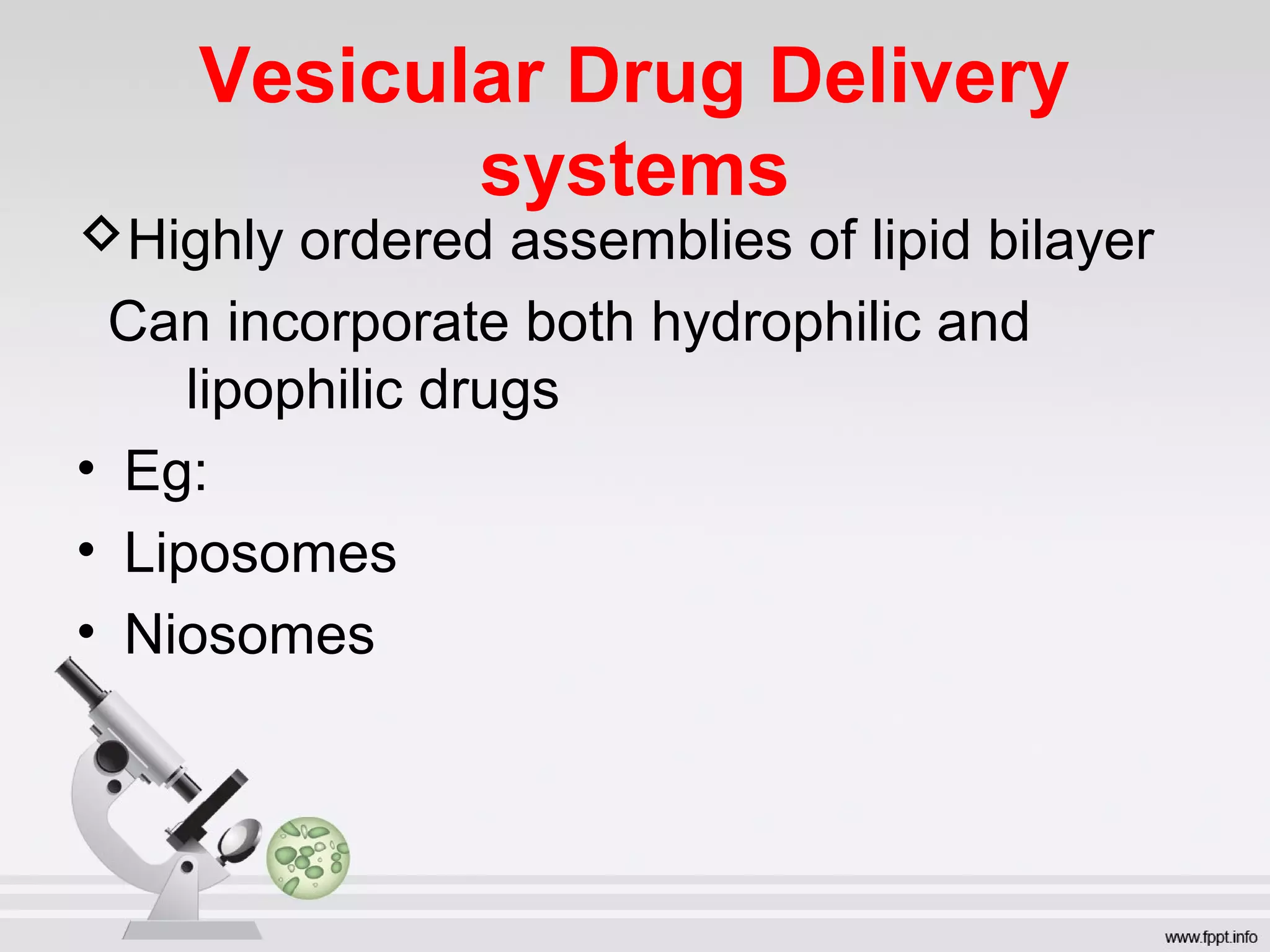 Vesicular Drug Delivery
systems
Highly ordered assemblies of lipid bilayer
Can incorporate both hydrophilic and
lipophilic drugs
• Eg:
• Liposomes
• Niosomes