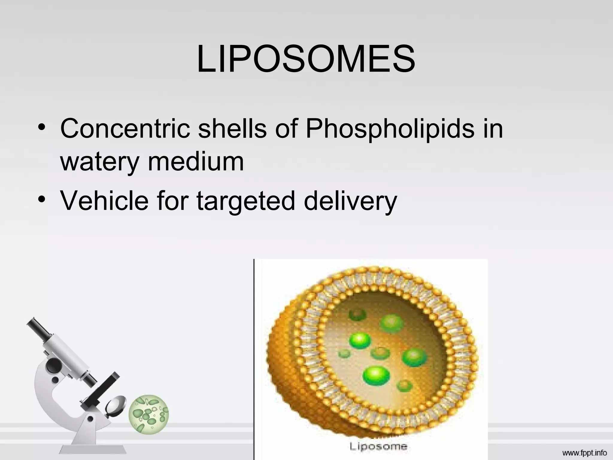 LIPOSOMES
• Concentric shells of Phospholipids in
watery medium
• Vehicle for targeted delivery