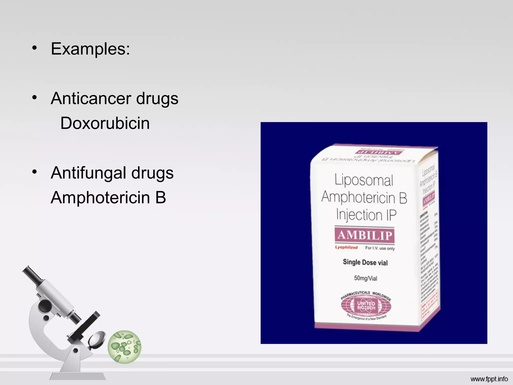 • Examples:
• Anticancer drugs
Doxorubicin
• Antifungal drugs
Amphotericin B