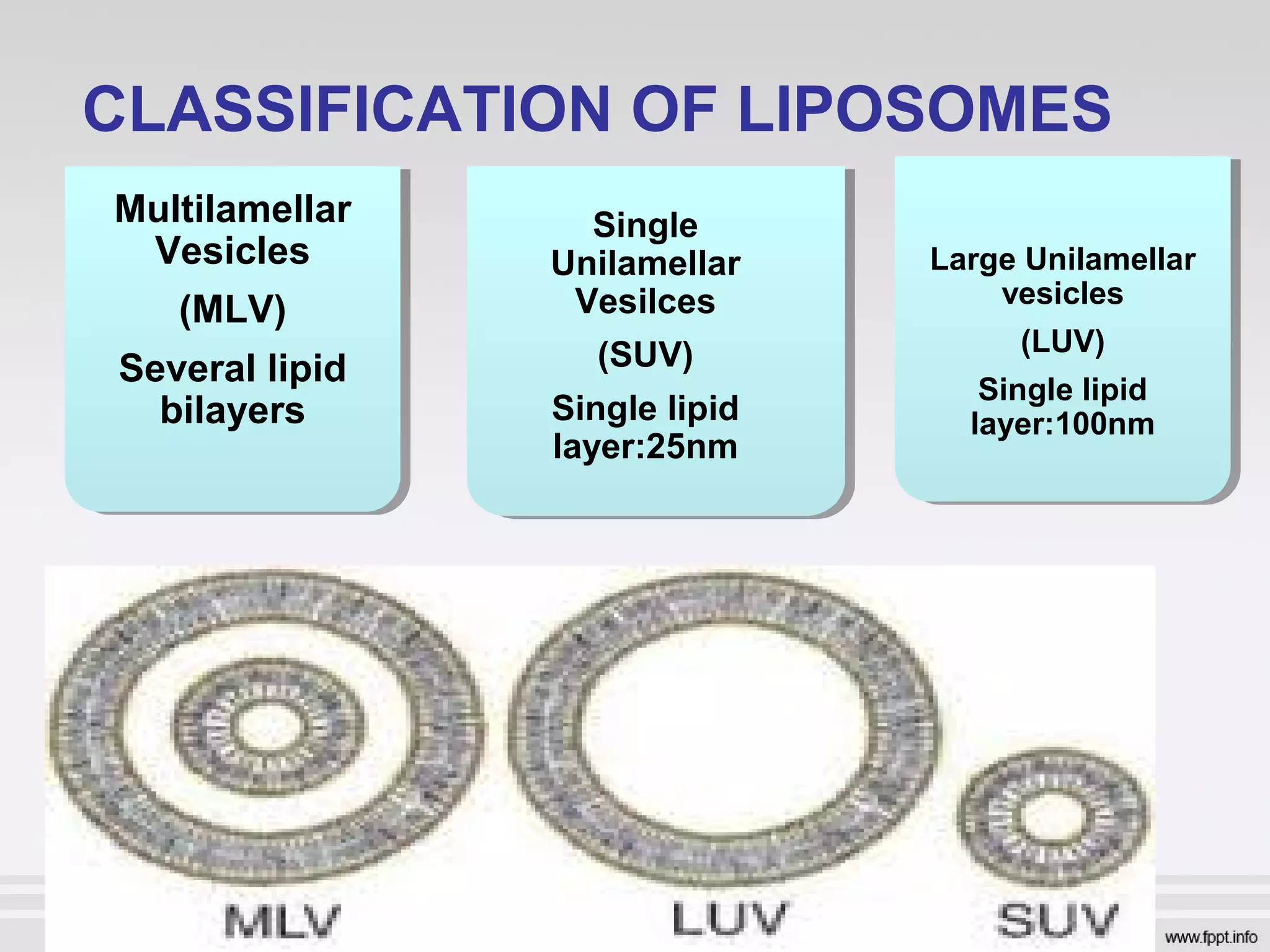 Multilamellar
Vesicles
(MLV)
Several lipid
bilayers
Single
Unilamellar
Vesilces
(SUV)
Single lipid
layer:25nm
Large Unilamellar
vesicles
(LUV)
Single lipid
layer:100nm
CLASSIFICATION OF LIPOSOMES