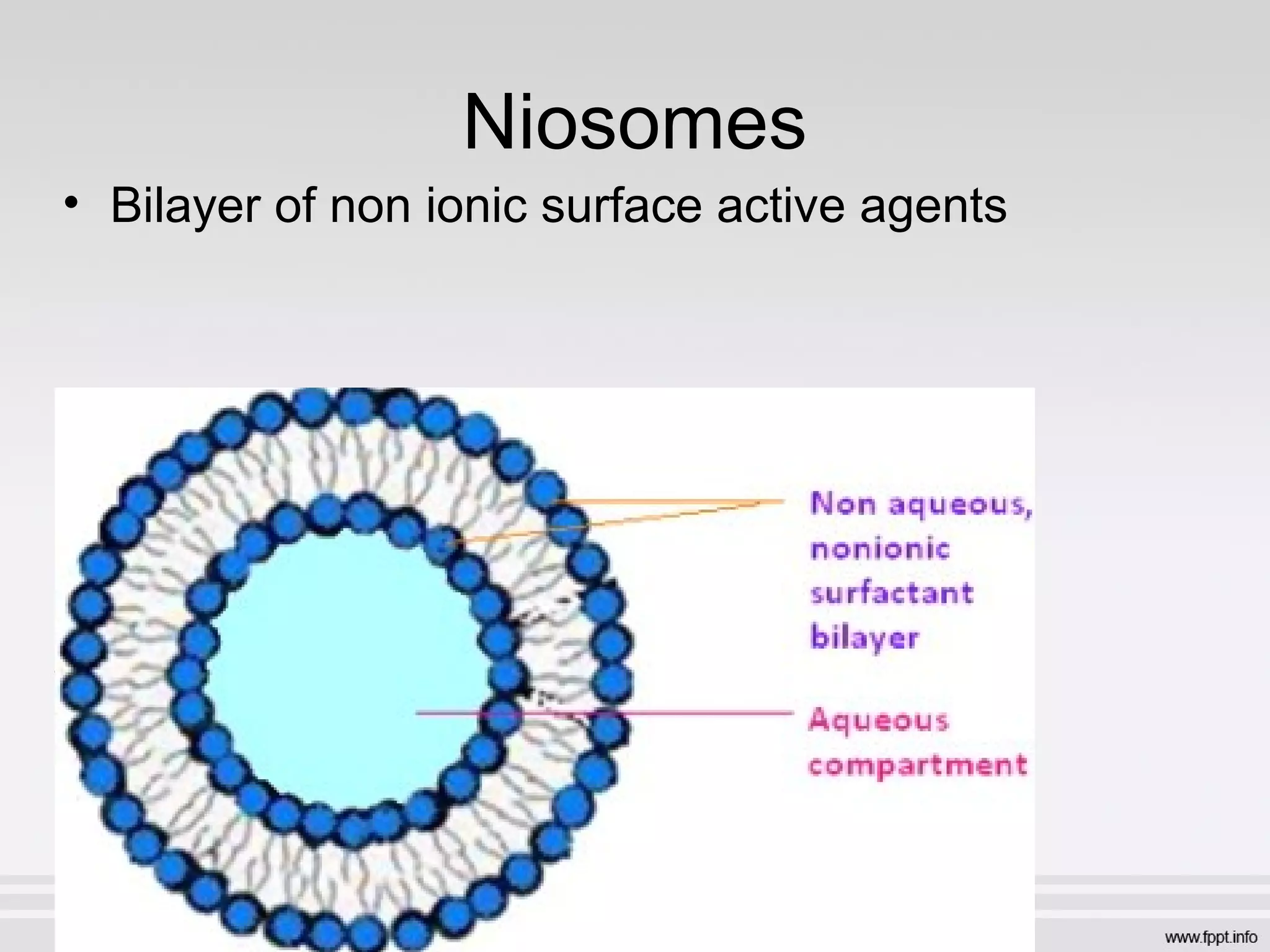 Niosomes
• Bilayer of non ionic surface active agents