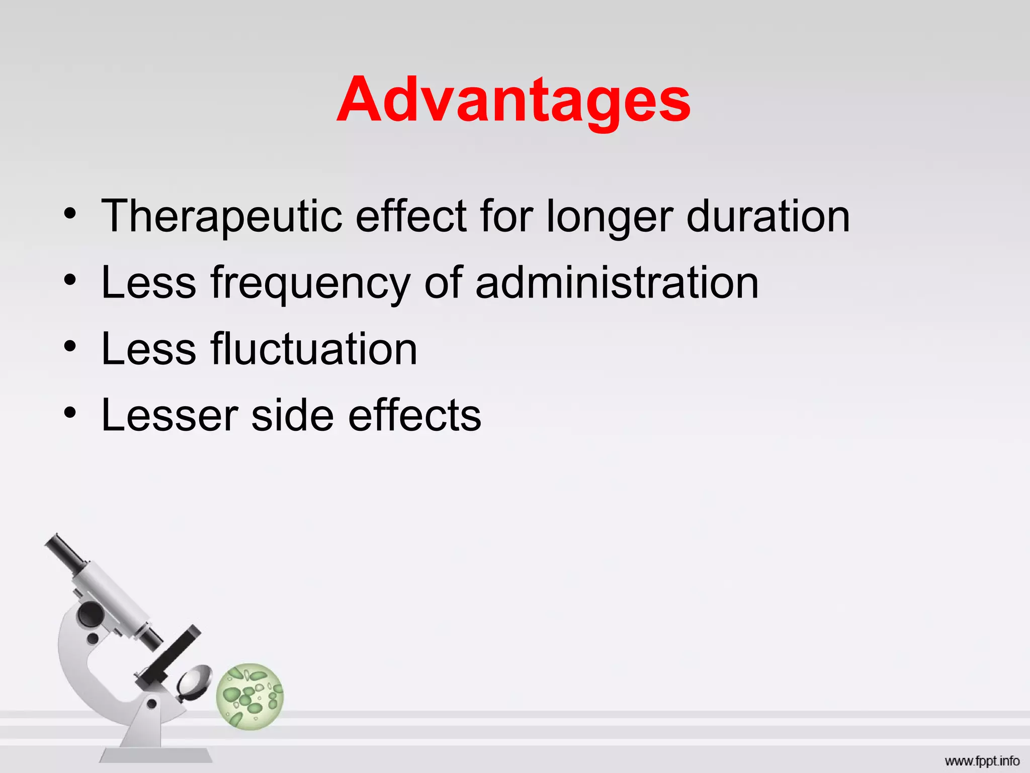 Advantages
• Therapeutic effect for longer duration
• Less frequency of administration
• Less fluctuation
• Lesser side effects