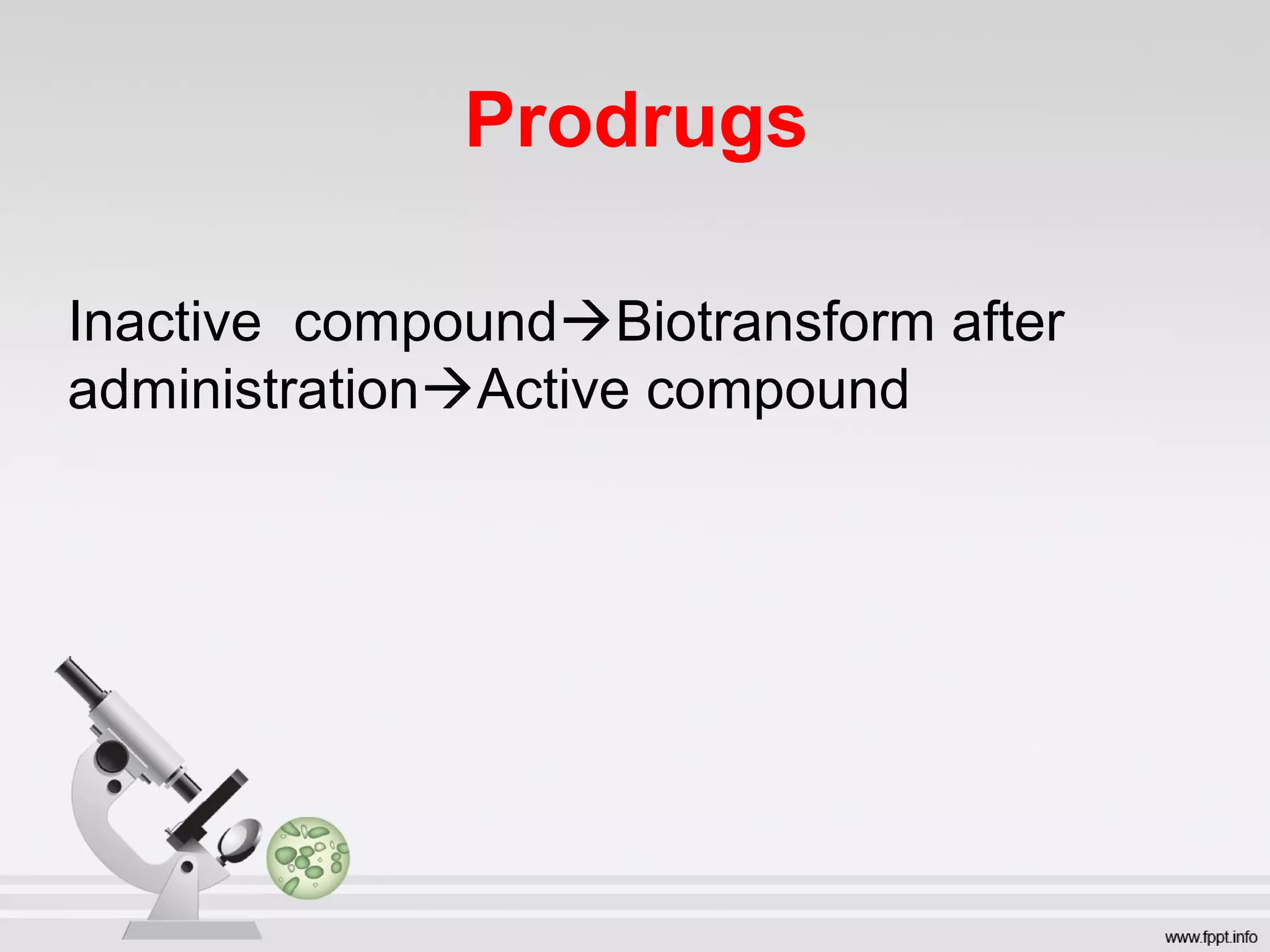 Prodrugs
Inactive compoundBiotransform after
administrationActive compound