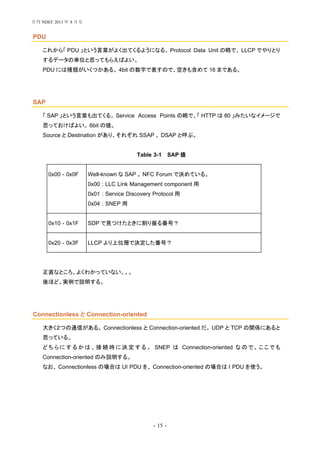 - 15 -
PDU
これから「 PDU 」という言葉がよく出てくるようになる。 Protocol Data Unit の略で、 LLCP でやりとり
するデータの単位と思ってもらえばよい。
PDU には種類がいくつかある。 4bit の数字で表すので、空きも含めて 16 まである。
SAP
「 SAP 」という言葉も出てくる。 Service Access Points の略で、「 HTTP は 80 」みたいなイメージで
思っておけばよい。 6bit の値。
Source と Destination があり、それぞれ SSAP 、 DSAP と呼ぶ。
Table 3-1 SAP 値
0x00 - 0x0F Well-known な SAP 。 NFC Forum で決めている。
0x00 : LLC Link Management component 用
0x01 : Service Discovery Protocol 用
0x04 : SNEP 用
0x10 - 0x1F SDP で見つけたときに割り振る番号？
0x20 - 0x3F LLCP より上位層で決定した番号？
正直なところ、よくわかっていない。。。
後ほど、実例で説明する。
Connectionless と Connection-oriented
大きく２つの通信がある。 Connectionless と Connection-oriented だ。 UDP と TCP の関係にあると
思っている。
ど ち ら に す る か は 、 接 続 時 に 決 定 す る 。 SNEP は Connection-oriented な の で 、 こ こ で も
Connection-oriented のみ説明する。
なお、 Connectionless の場合は UI PDU を、 Connection-oriented の場合は I PDU を使う。
月刊 NDEF 2013 年 8 月号
 