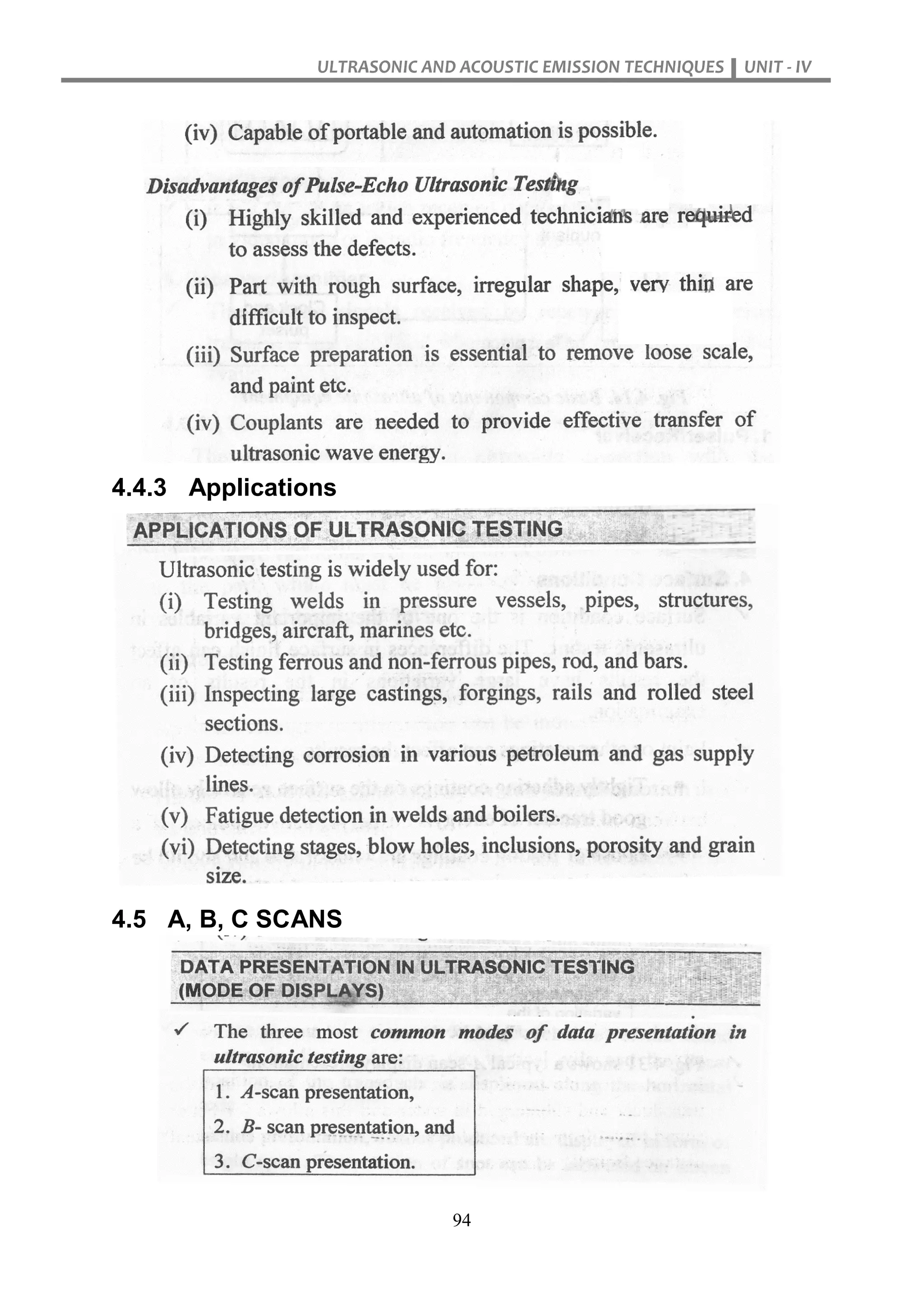 ULTRASONIC AND ACOUSTIC EMISSION TECHNIQUES UNIT - IV
94
4.4.3 Applications
4.5 A, B, C SCANS
 