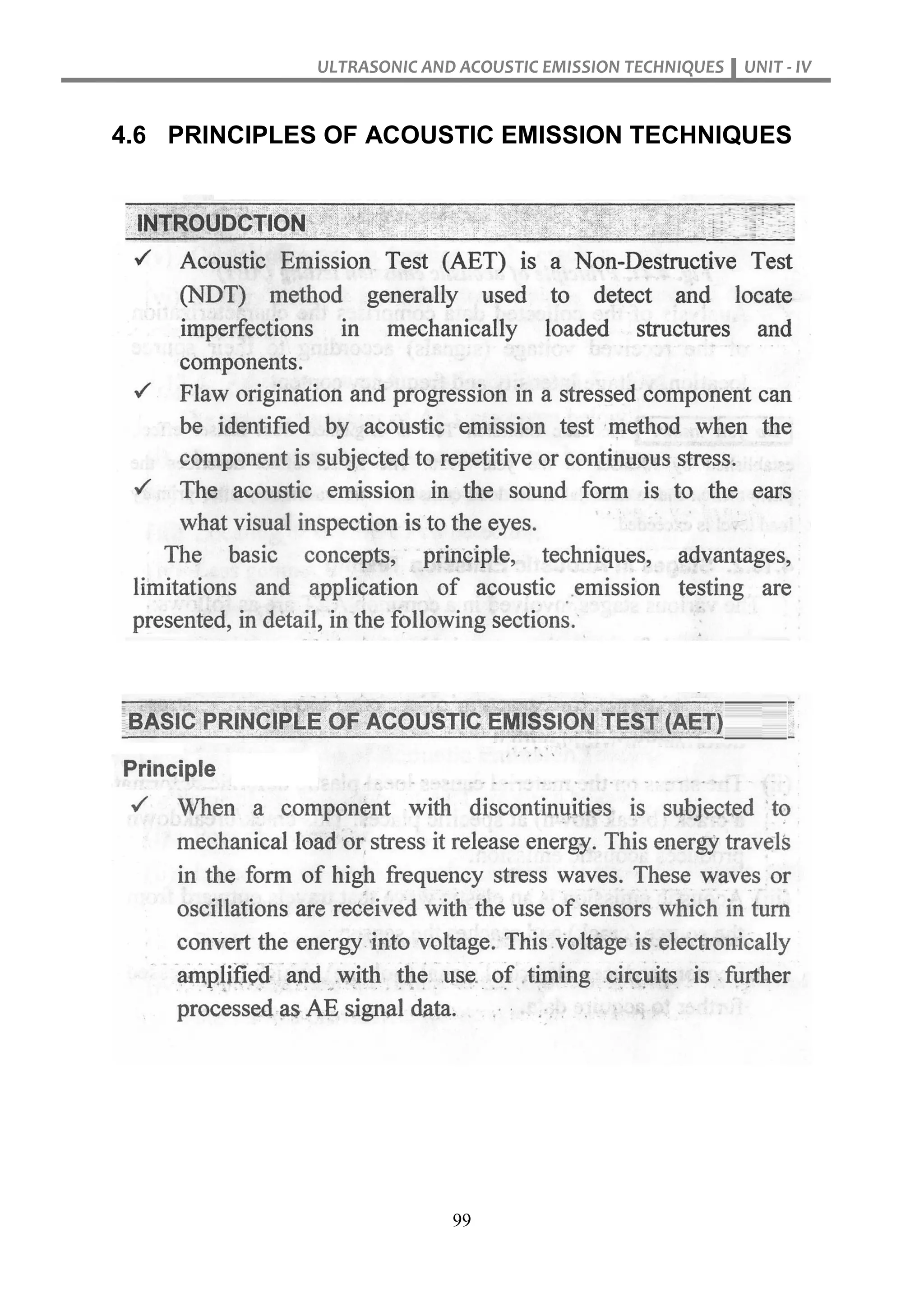 ULTRASONIC AND ACOUSTIC EMISSION TECHNIQUES UNIT - IV
99
4.6 PRINCIPLES OF ACOUSTIC EMISSION TECHNIQUES
 