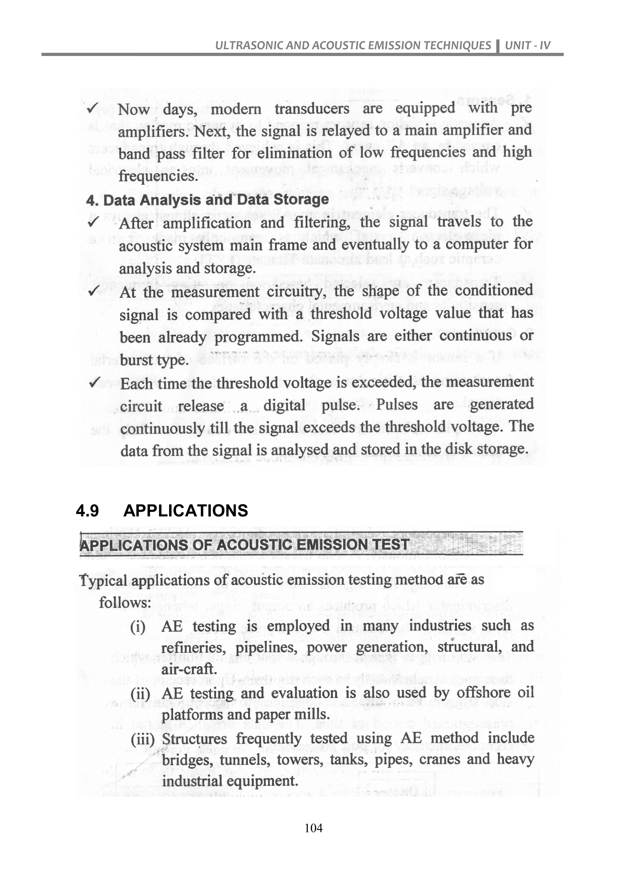 ULTRASONIC AND ACOUSTIC EMISSION TECHNIQUES UNIT - IV
104
4.9 APPLICATIONS
 
