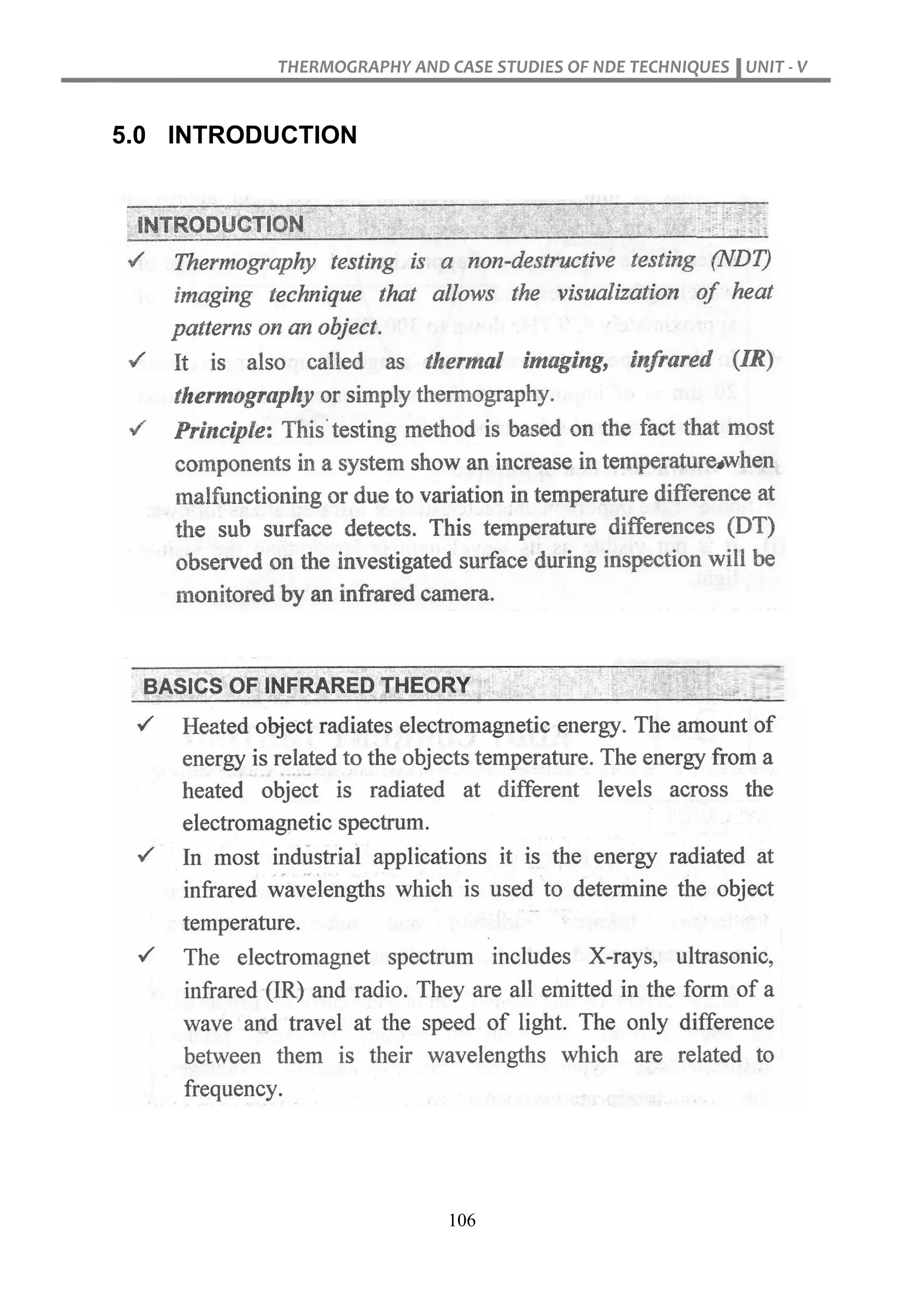 THERMOGRAPHY AND CASE STUDIES OF NDE TECHNIQUES UNIT - V
106
5.0 INTRODUCTION
 