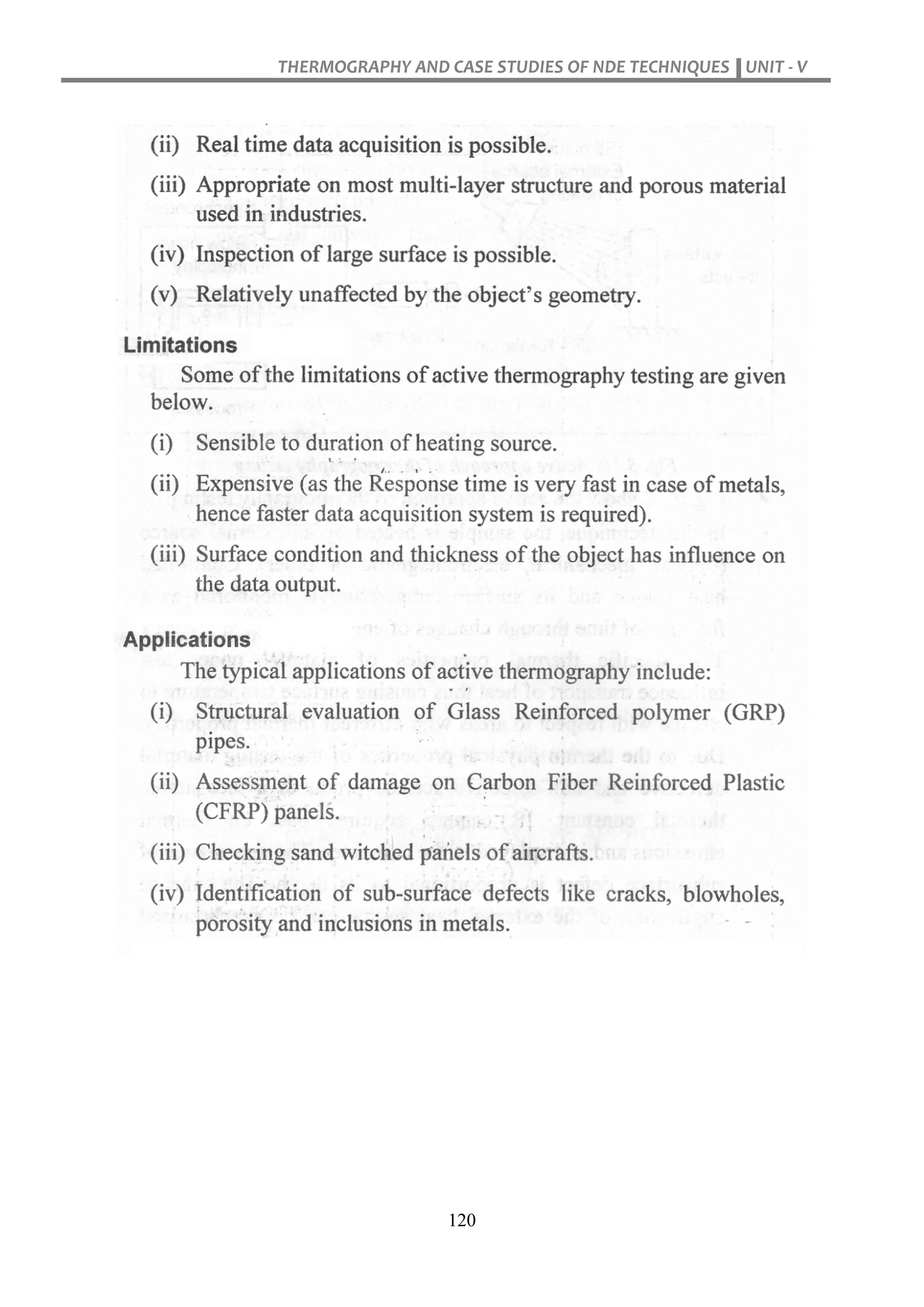 THERMOGRAPHY AND CASE STUDIES OF NDE TECHNIQUES UNIT - V
120
 