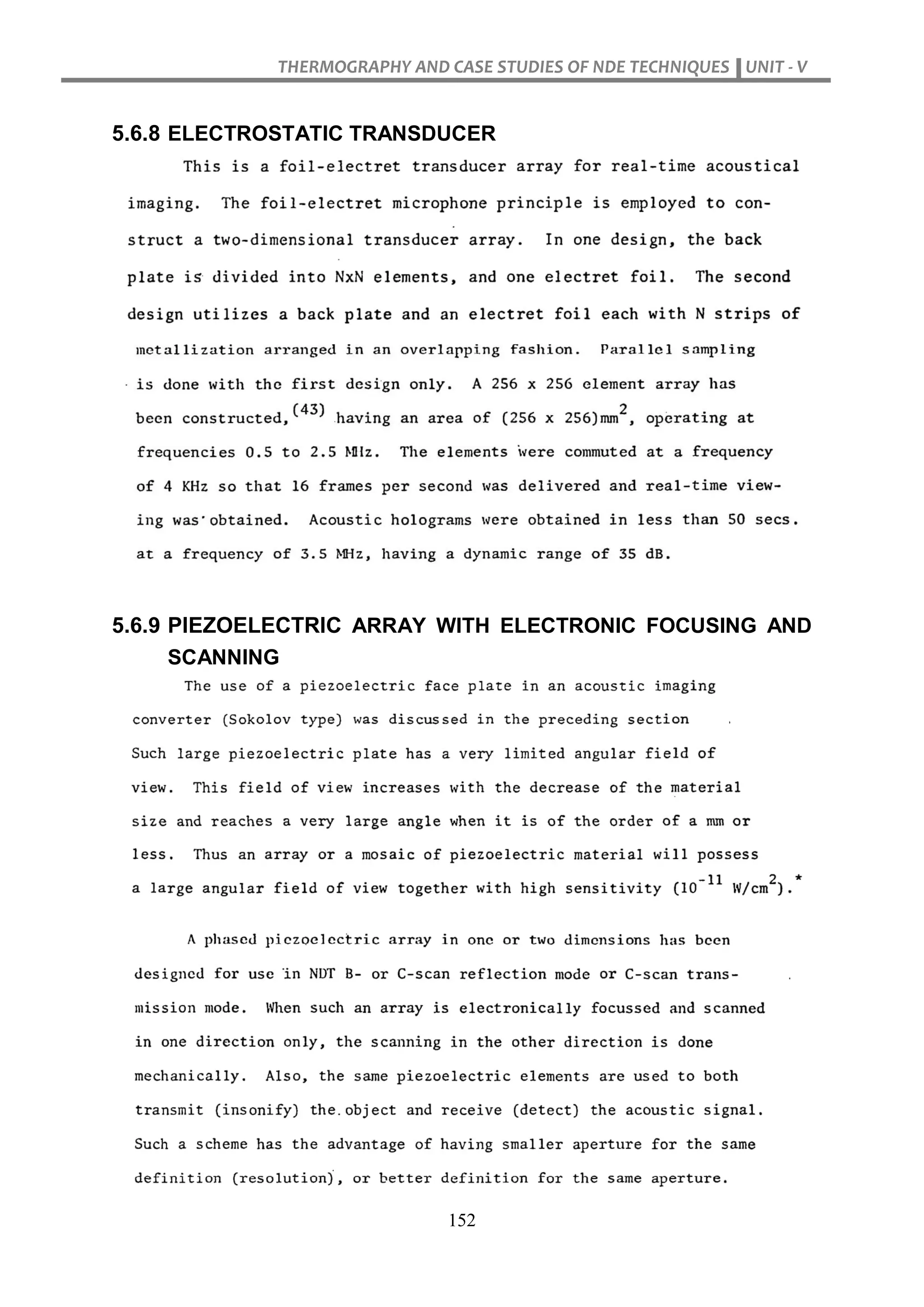 THERMOGRAPHY AND CASE STUDIES OF NDE TECHNIQUES UNIT - V
152
5.6.8 ELECTROSTATIC TRANSDUCER
5.6.9 PIEZOELECTRIC ARRAY WITH ELECTRONIC FOCUSING AND
SCANNING
 