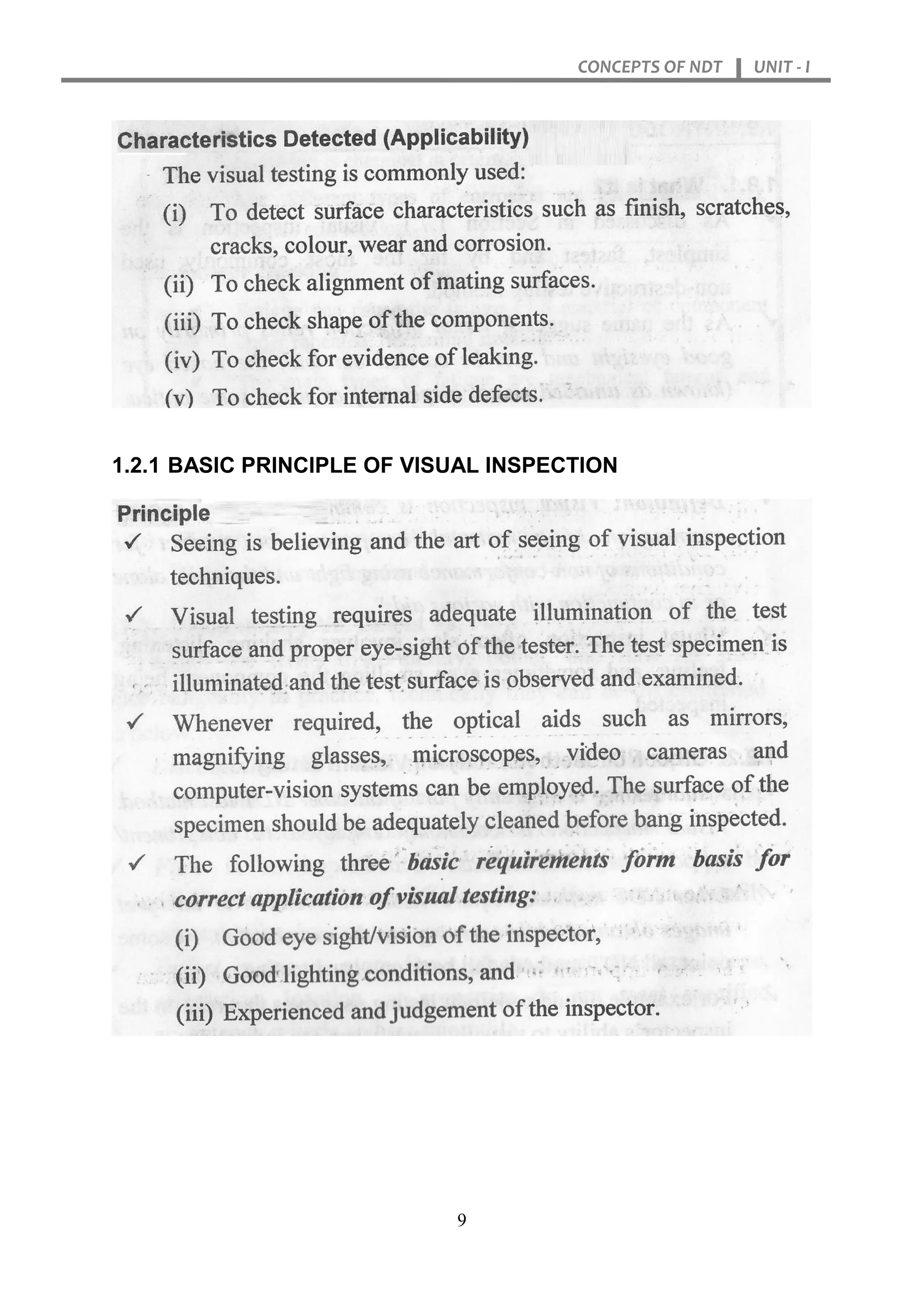 CONCEPTS OF NDT UNIT - I
9
1.2.1 BASIC PRINCIPLE OF VISUAL INSPECTION
 