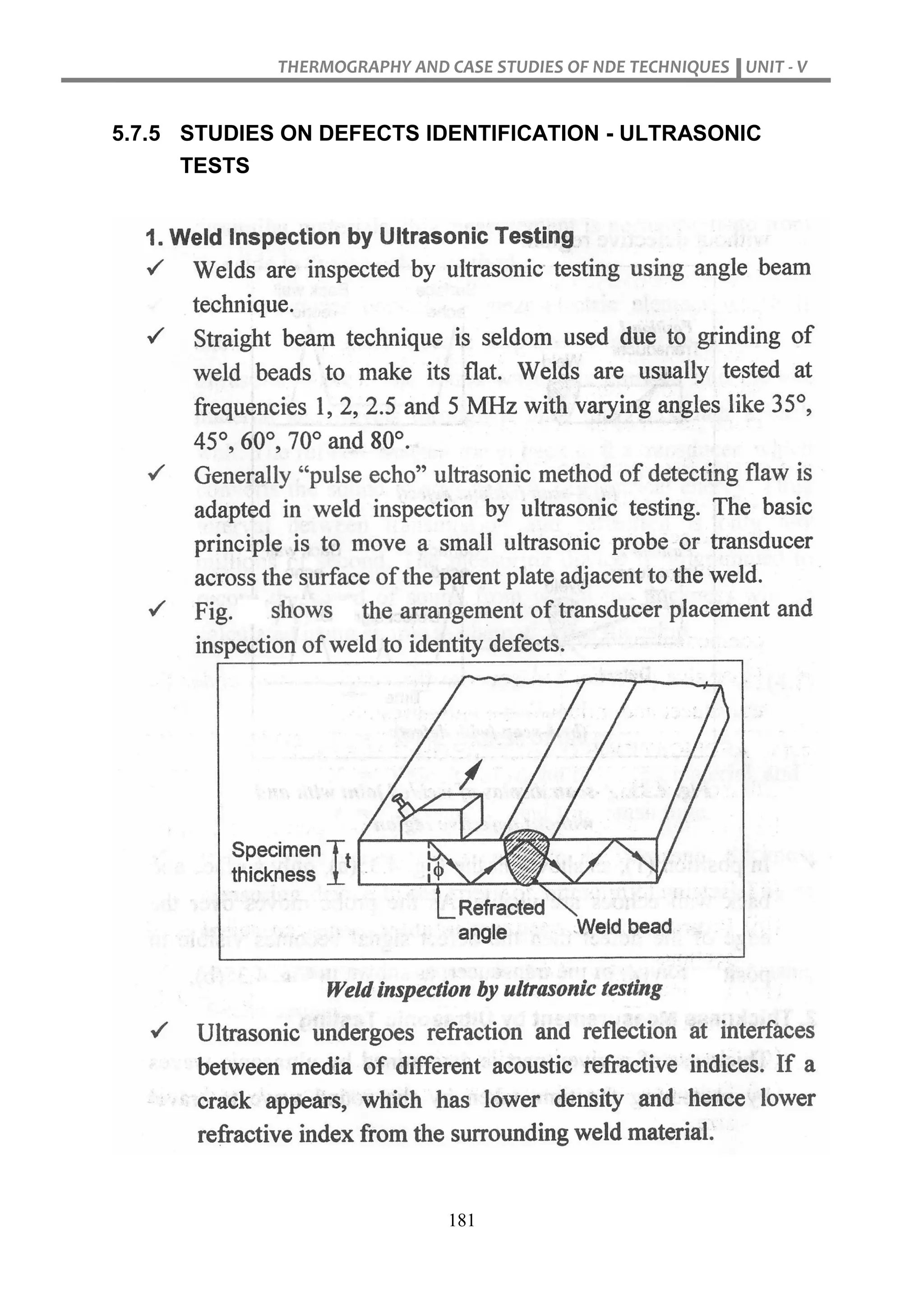 THERMOGRAPHY AND CASE STUDIES OF NDE TECHNIQUES UNIT - V
181
5.7.5 STUDIES ON DEFECTS IDENTIFICATION - ULTRASONIC
TESTS
 