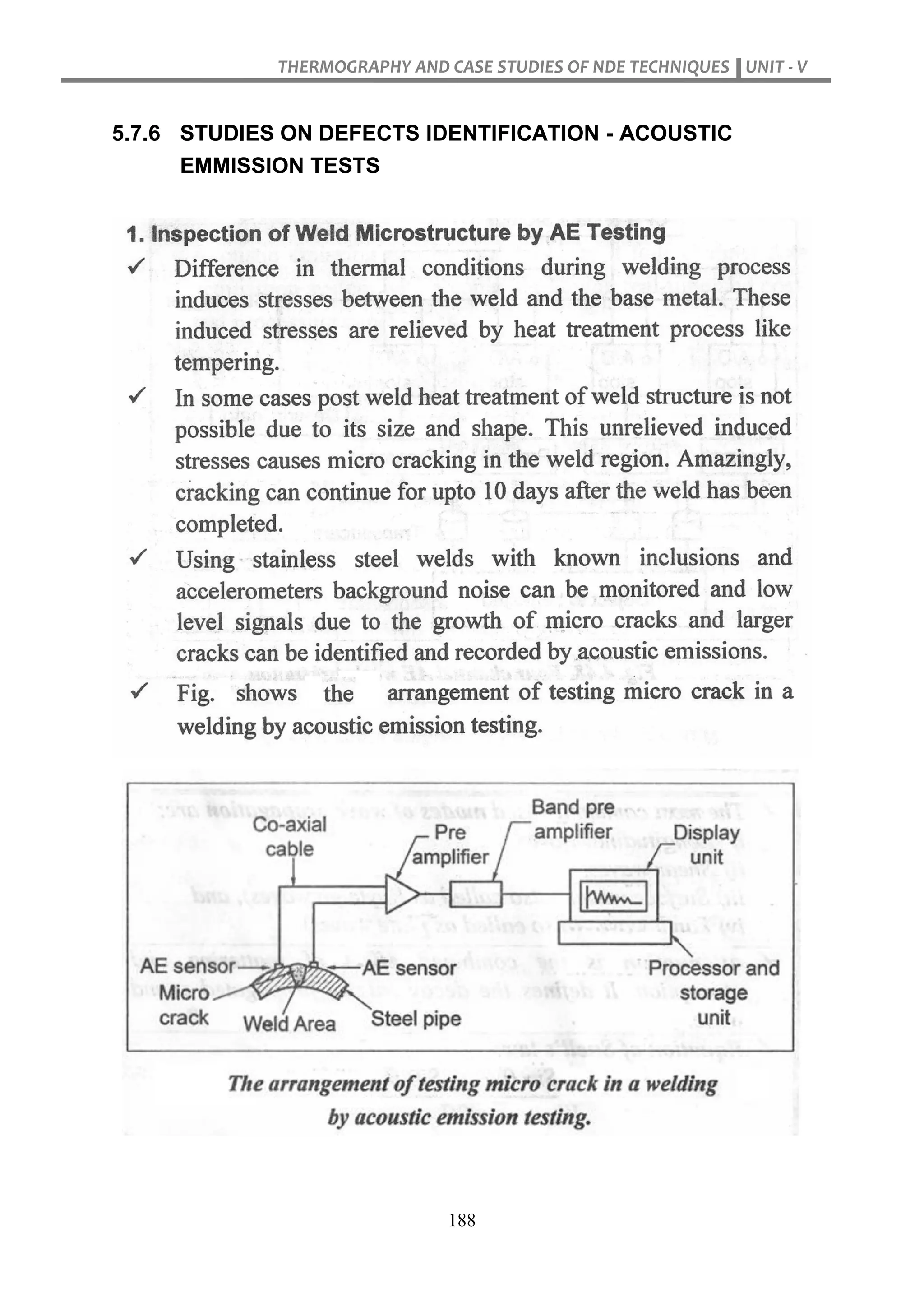 THERMOGRAPHY AND CASE STUDIES OF NDE TECHNIQUES UNIT - V
188
5.7.6 STUDIES ON DEFECTS IDENTIFICATION - ACOUSTIC
EMMISSION TESTS
 