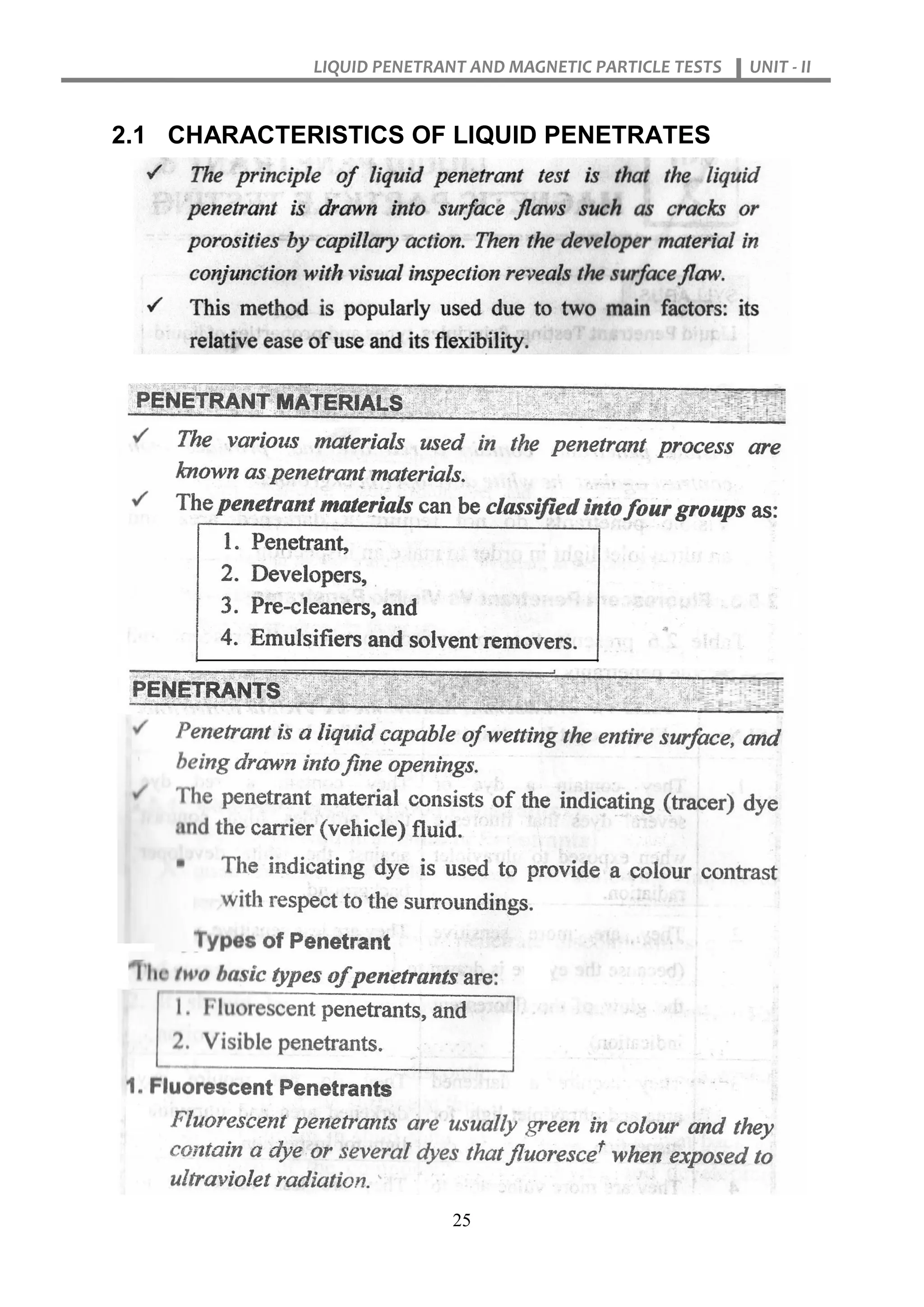 LIQUID PENETRANT AND MAGNETIC PARTICLE TESTS UNIT - II
25
2.1 CHARACTERISTICS OF LIQUID PENETRATES
 