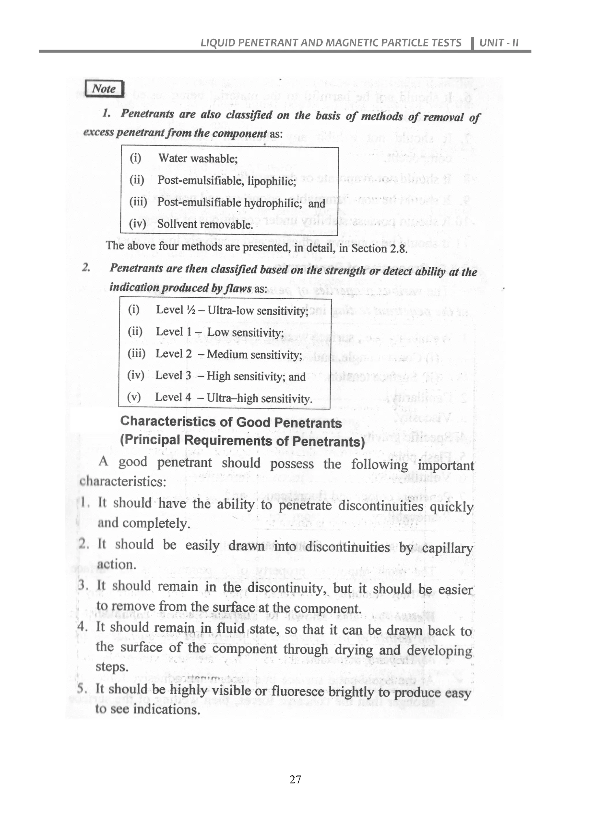 LIQUID PENETRANT AND MAGNETIC PARTICLE TESTS UNIT - II
27
 