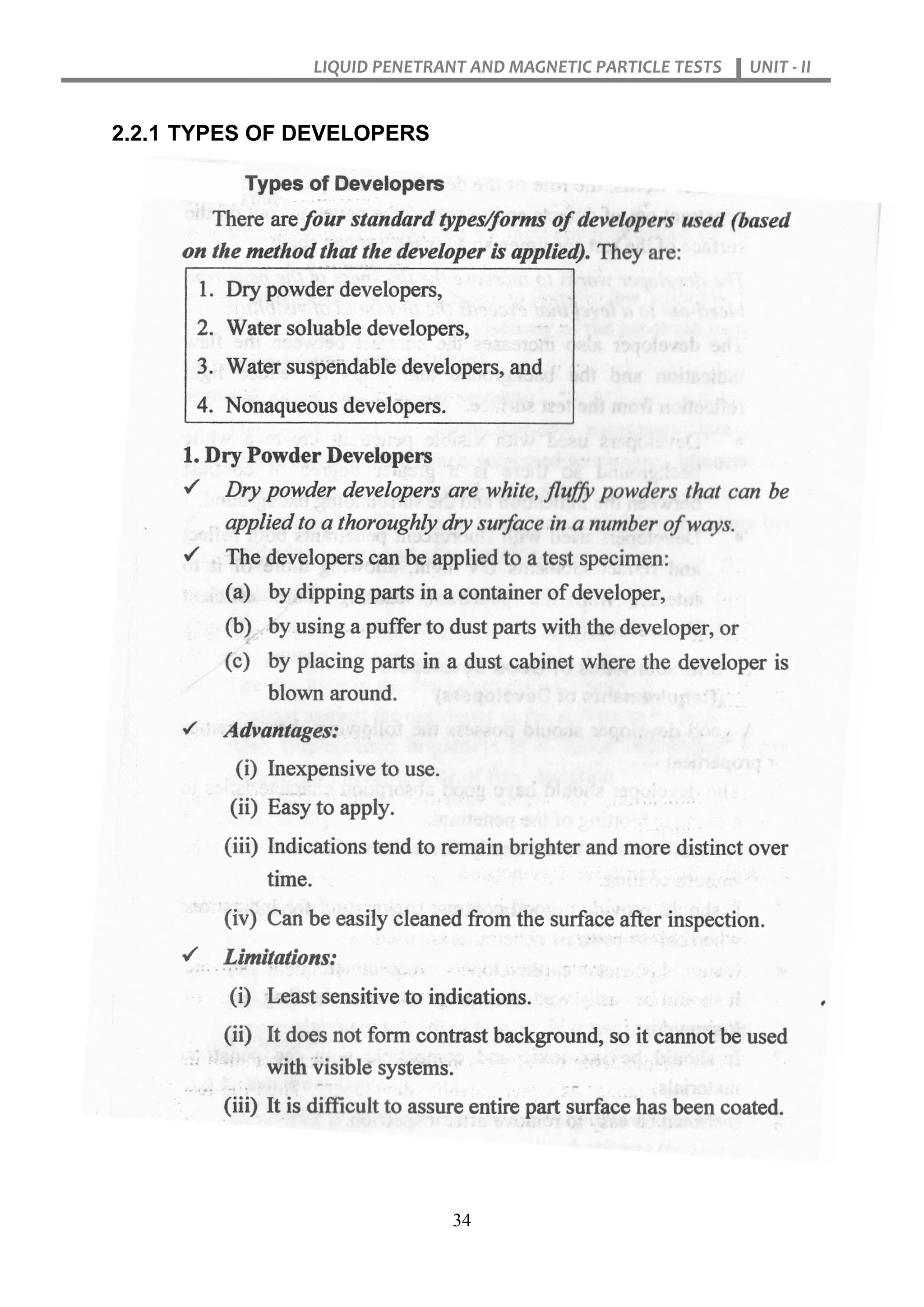 LIQUID PENETRANT AND MAGNETIC PARTICLE TESTS UNIT - II
34
2.2.1 TYPES OF DEVELOPERS
 