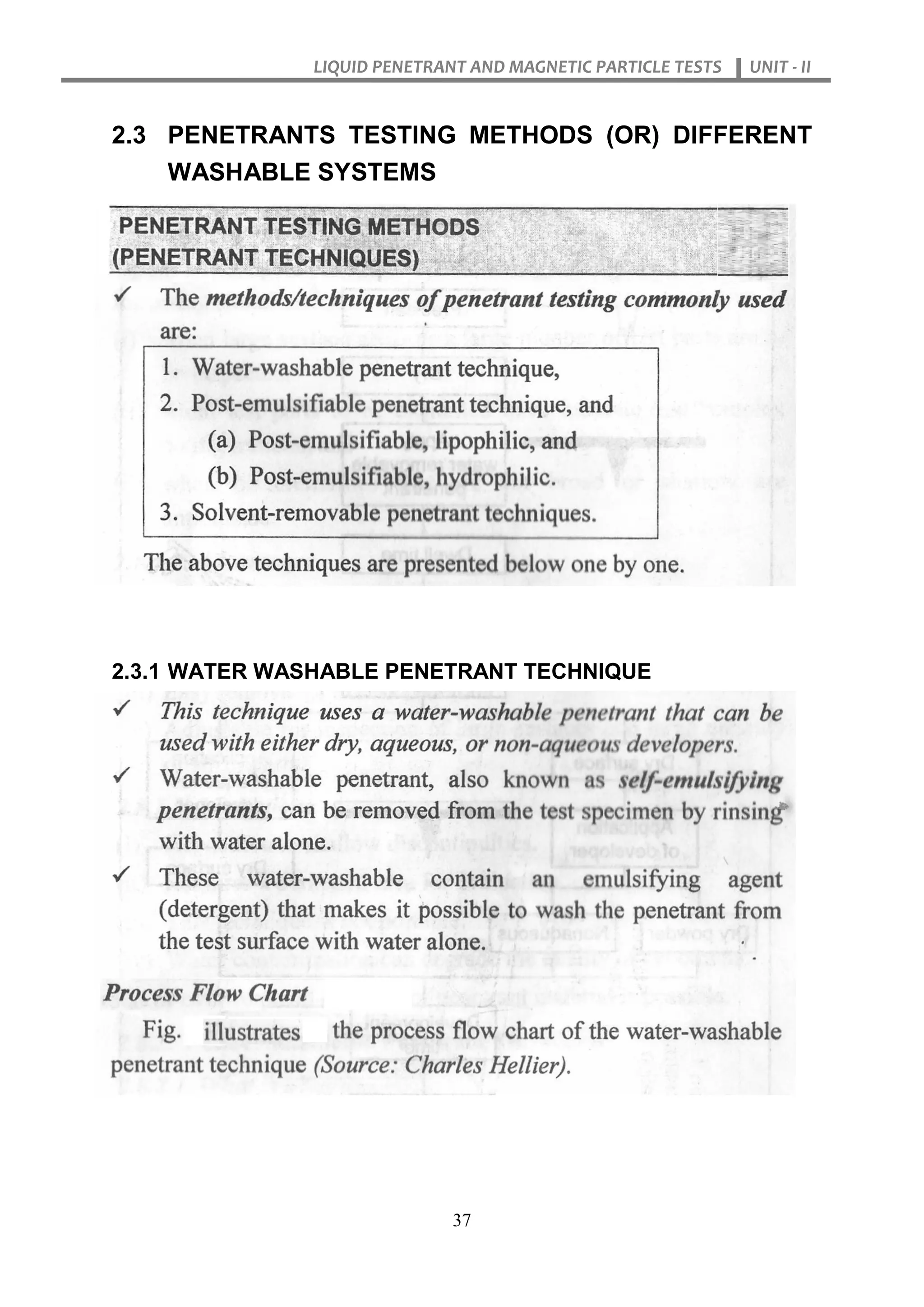 LIQUID PENETRANT AND MAGNETIC PARTICLE TESTS UNIT - II
37
2.3 PENETRANTS TESTING METHODS (OR) DIFFERENT
WASHABLE SYSTEMS
2.3.1 WATER WASHABLE PENETRANT TECHNIQUE
 