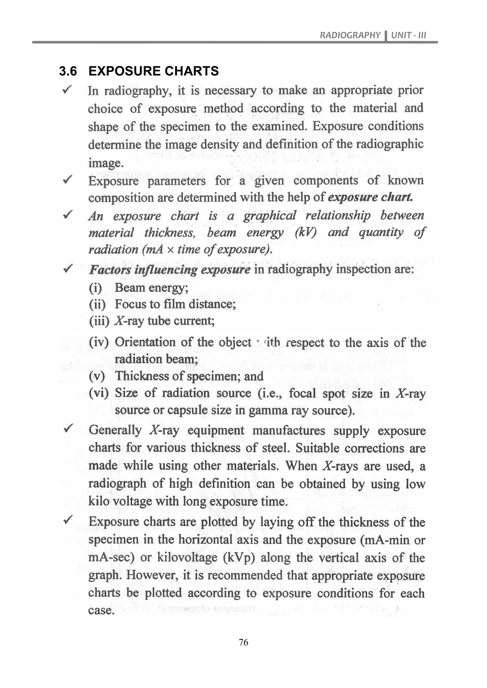 RADIOGRAPHY UNIT - III
76
3.6 EXPOSURE CHARTS
 