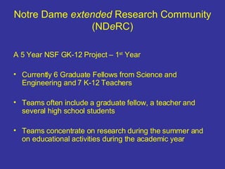Notre Dame  extended  Research Community (ND e RC) A 5 Year NSF GK-12 Project – 1 st  Year Currently 6 Graduate Fellows from Science and Engineering and 7 K-12 Teachers Teams often include a graduate fellow, a teacher and several high school students Teams concentrate on research during the summer and on educational activities during the academic year 