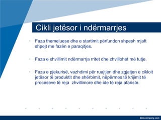Cikli jetësor i ndërmarrjes
• Faza themeluese dhe e startimit përfundon shpesh mjaft
  shpejt me fazën e paraqitjes.

• Faza e xhvillimit ndërmarrja rritet dhe zhvillohet më tutje.

• Faza e pjekurisë, vazhdimi për ruajtjen dhe zgjatjen e cikloit
  jetësor të produktit dhe shërbimit, nëpërmes të krijimit të
  proceseve të reja zhvillimore dhe ide të reja afariste.




                                                          ëëë.company.com
 