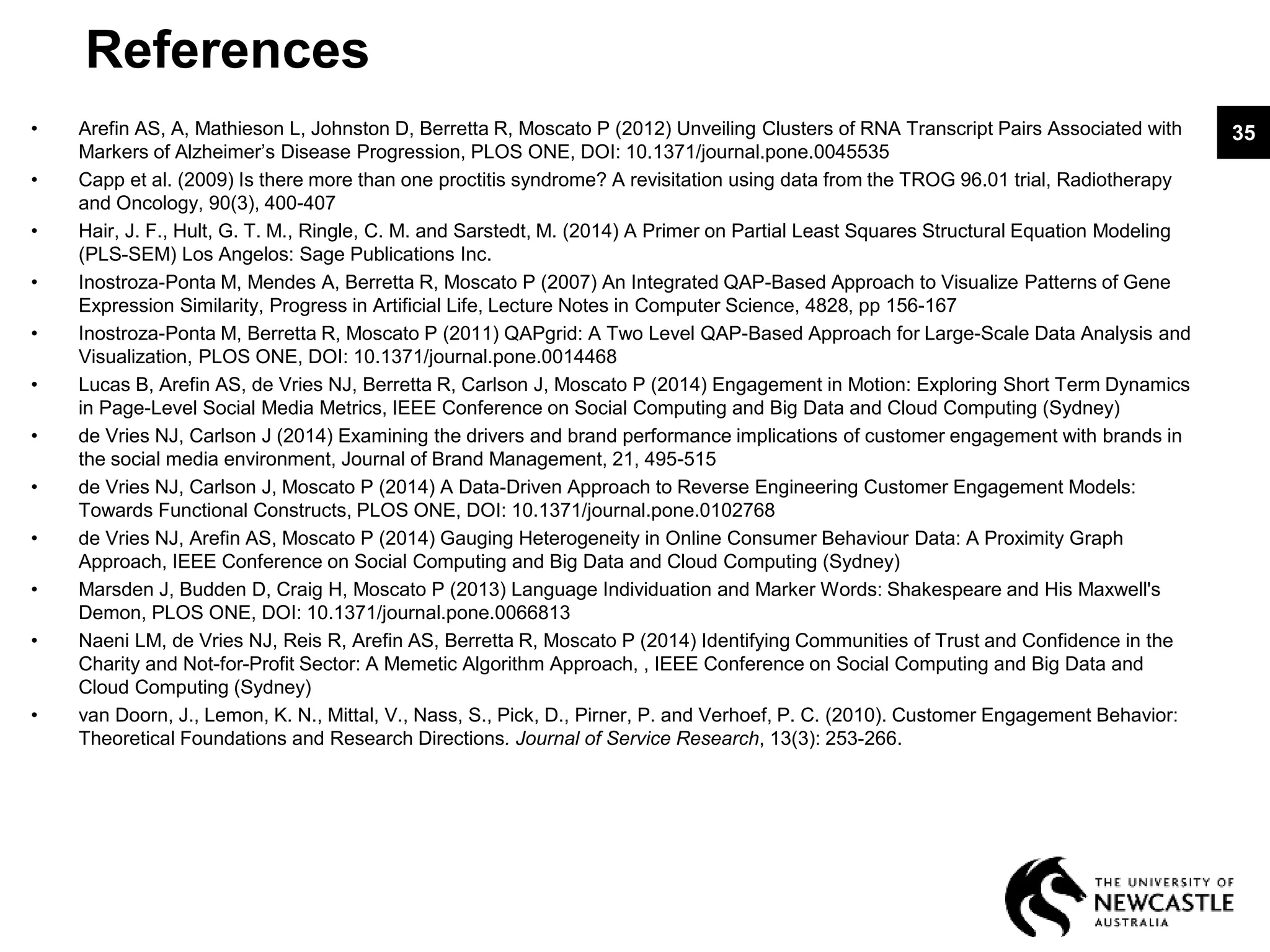 References
• Arefin AS, A, Mathieson L, Johnston D, Berretta R, Moscato P (2012) Unveiling Clusters of RNA Transcript Pairs Associated with
Markers of Alzheimer’s Disease Progression, PLOS ONE, DOI: 10.1371/journal.pone.0045535
• Capp et al. (2009) Is there more than one proctitis syndrome? A revisitation using data from the TROG 96.01 trial, Radiotherapy
and Oncology, 90(3), 400-407
• Hair, J. F., Hult, G. T. M., Ringle, C. M. and Sarstedt, M. (2014) A Primer on Partial Least Squares Structural Equation Modeling
(PLS-SEM) Los Angelos: Sage Publications Inc.
• Inostroza-Ponta M, Mendes A, Berretta R, Moscato P (2007) An Integrated QAP-Based Approach to Visualize Patterns of Gene
Expression Similarity, Progress in Artificial Life, Lecture Notes in Computer Science, 4828, pp 156-167
• Inostroza-Ponta M, Berretta R, Moscato P (2011) QAPgrid: A Two Level QAP-Based Approach for Large-Scale Data Analysis and
Visualization, PLOS ONE, DOI: 10.1371/journal.pone.0014468
• Lucas B, Arefin AS, de Vries NJ, Berretta R, Carlson J, Moscato P (2014) Engagement in Motion: Exploring Short Term Dynamics
in Page-Level Social Media Metrics, IEEE Conference on Social Computing and Big Data and Cloud Computing (Sydney)
• de Vries NJ, Carlson J (2014) Examining the drivers and brand performance implications of customer engagement with brands in
the social media environment, Journal of Brand Management, 21, 495-515
• de Vries NJ, Carlson J, Moscato P (2014) A Data-Driven Approach to Reverse Engineering Customer Engagement Models:
Towards Functional Constructs, PLOS ONE, DOI: 10.1371/journal.pone.0102768
• de Vries NJ, Arefin AS, Moscato P (2014) Gauging Heterogeneity in Online Consumer Behaviour Data: A Proximity Graph
Approach, IEEE Conference on Social Computing and Big Data and Cloud Computing (Sydney)
• Marsden J, Budden D, Craig H, Moscato P (2013) Language Individuation and Marker Words: Shakespeare and His Maxwell's
Demon, PLOS ONE, DOI: 10.1371/journal.pone.0066813
• Naeni LM, de Vries NJ, Reis R, Arefin AS, Berretta R, Moscato P (2014) Identifying Communities of Trust and Confidence in the
Charity and Not-for-Profit Sector: A Memetic Algorithm Approach, , IEEE Conference on Social Computing and Big Data and
Cloud Computing (Sydney)
• van Doorn, J., Lemon, K. N., Mittal, V., Nass, S., Pick, D., Pirner, P. and Verhoef, P. C. (2010). Customer Engagement Behavior:
Theoretical Foundations and Research Directions. Journal of Service Research, 13(3): 253-266.
35
 