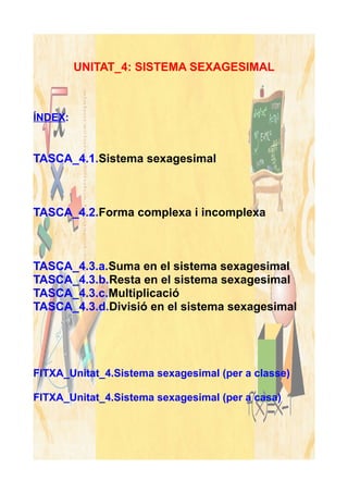 UNITAT_4: SISTEMA SEXAGESIMAL



ÍNDEX:


TASCA_4.1.Sistema sexagesimal



TASCA_4.2.Forma complexa i incomplexa



TASCA_4.3.a.Suma en el sistema sexagesimal
TASCA_4.3.b.Resta en el sistema sexagesimal
TASCA_4.3.c.Multiplicacio
TASCA_4.3.d.Divisio en el sistema sexagesimal




FITXA_Unitat_4.Sistema sexagesimal (per a classe)

FITXA_Unitat_4.Sistema sexagesimal (per a casa)
 