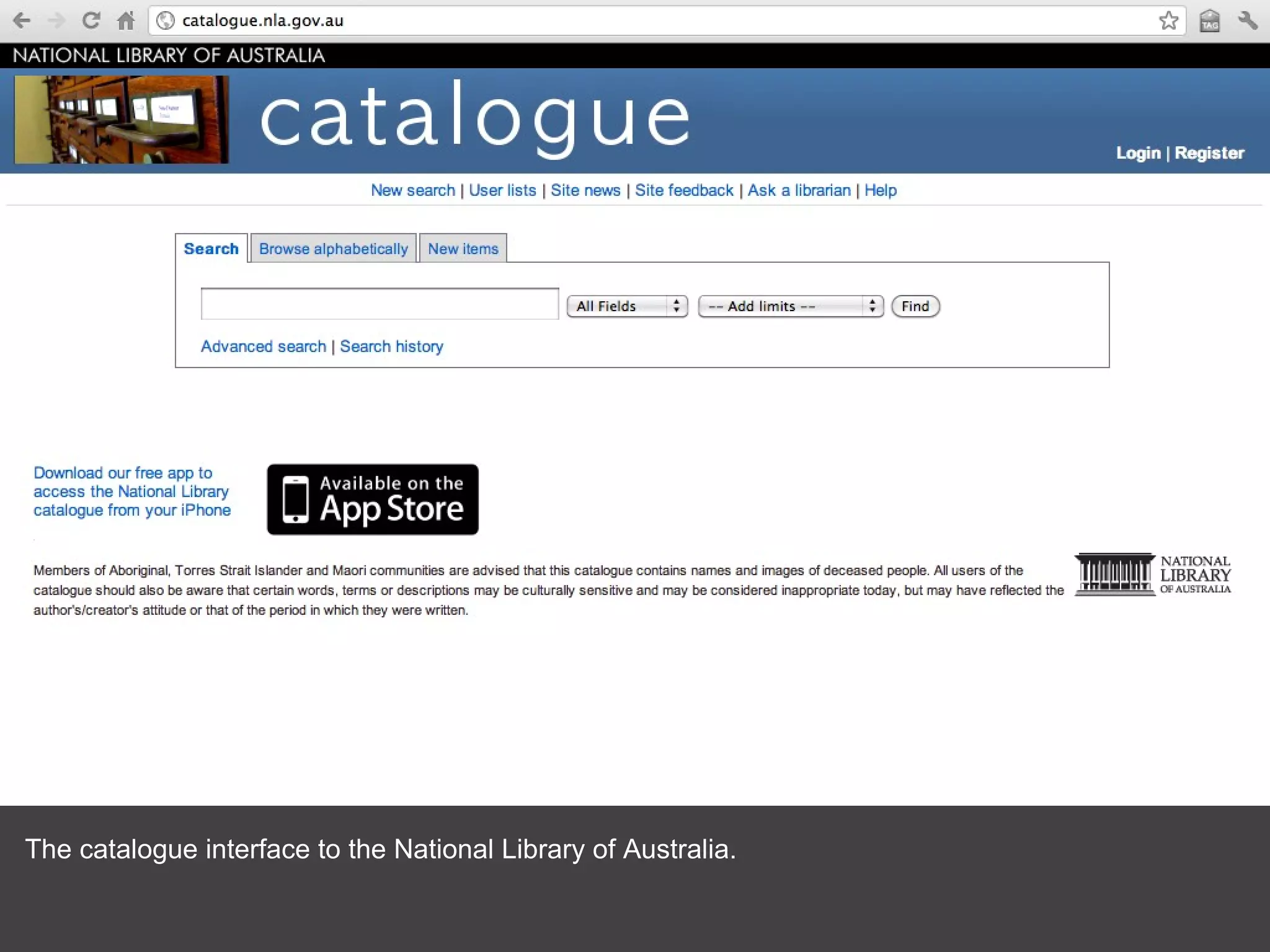 The catalogue interface to the National Library of Australia. 