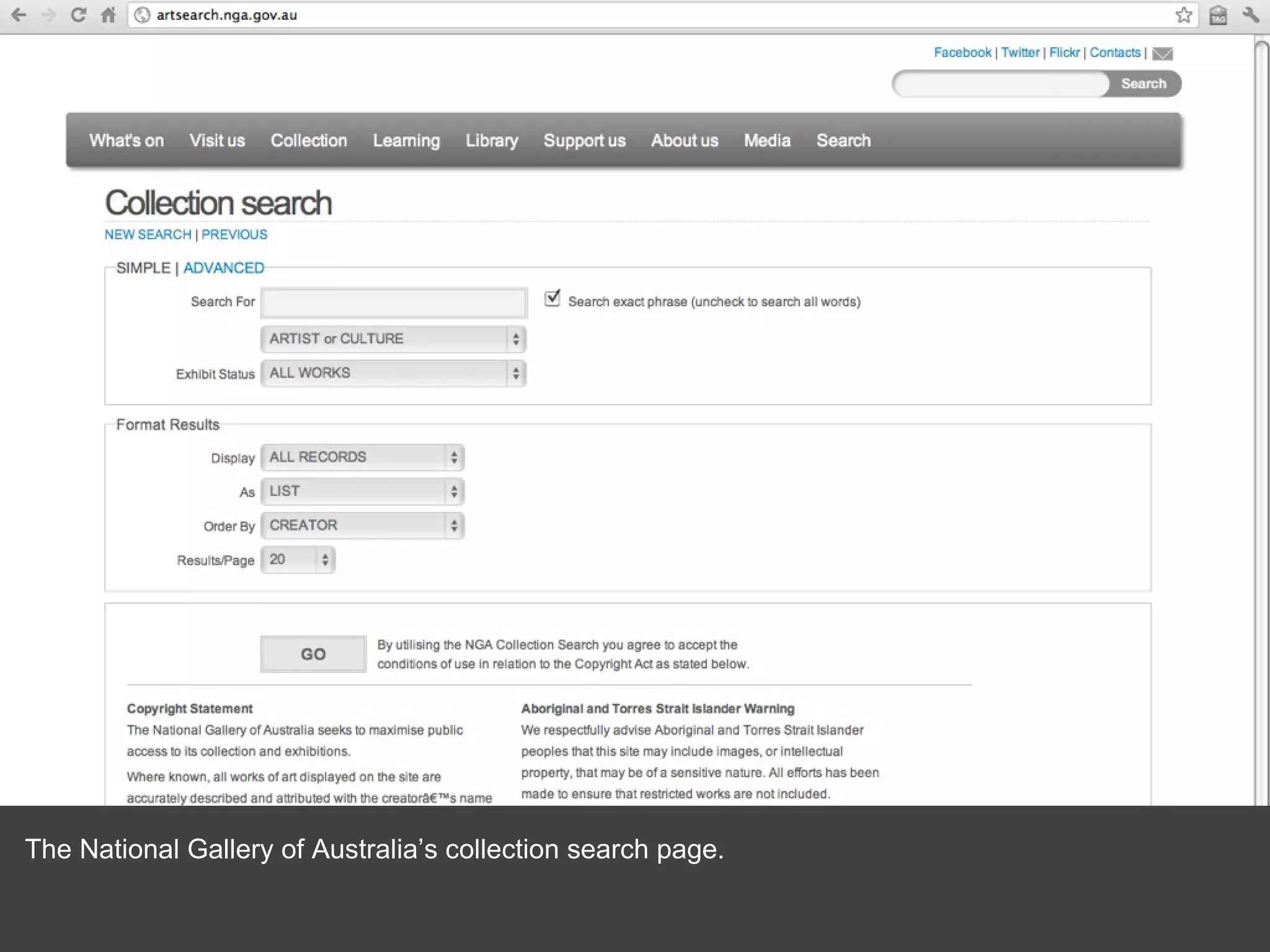The National Gallery of Australia’s collection search page. 