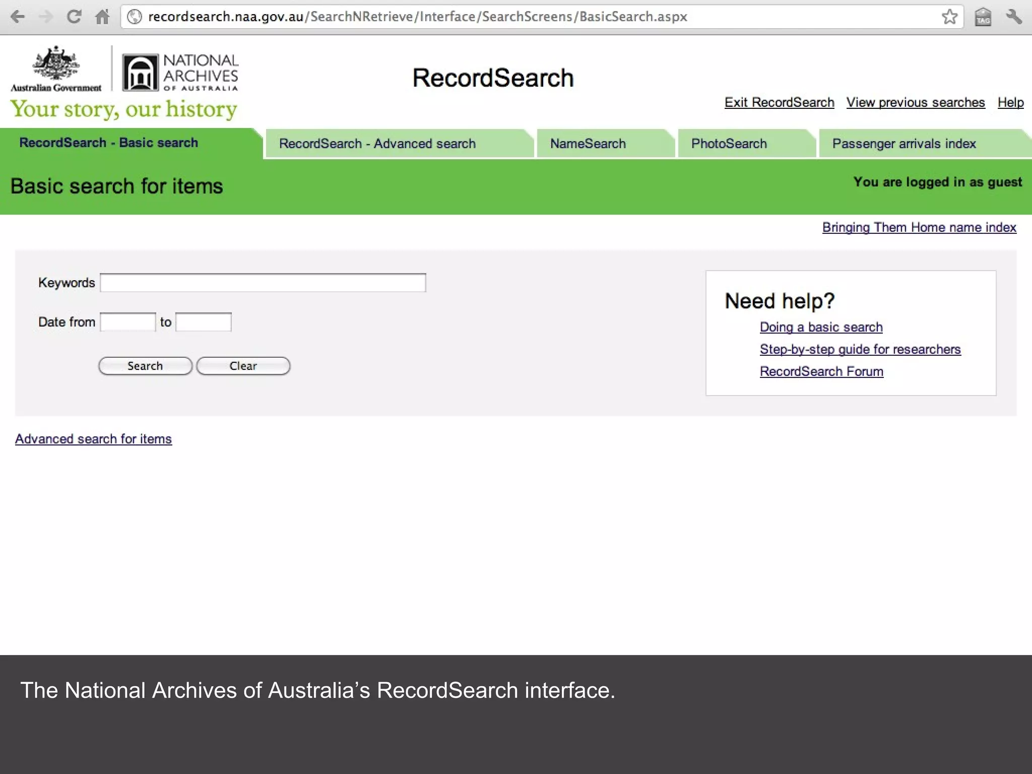 The National Archives of Australia’s RecordSearch interface. 