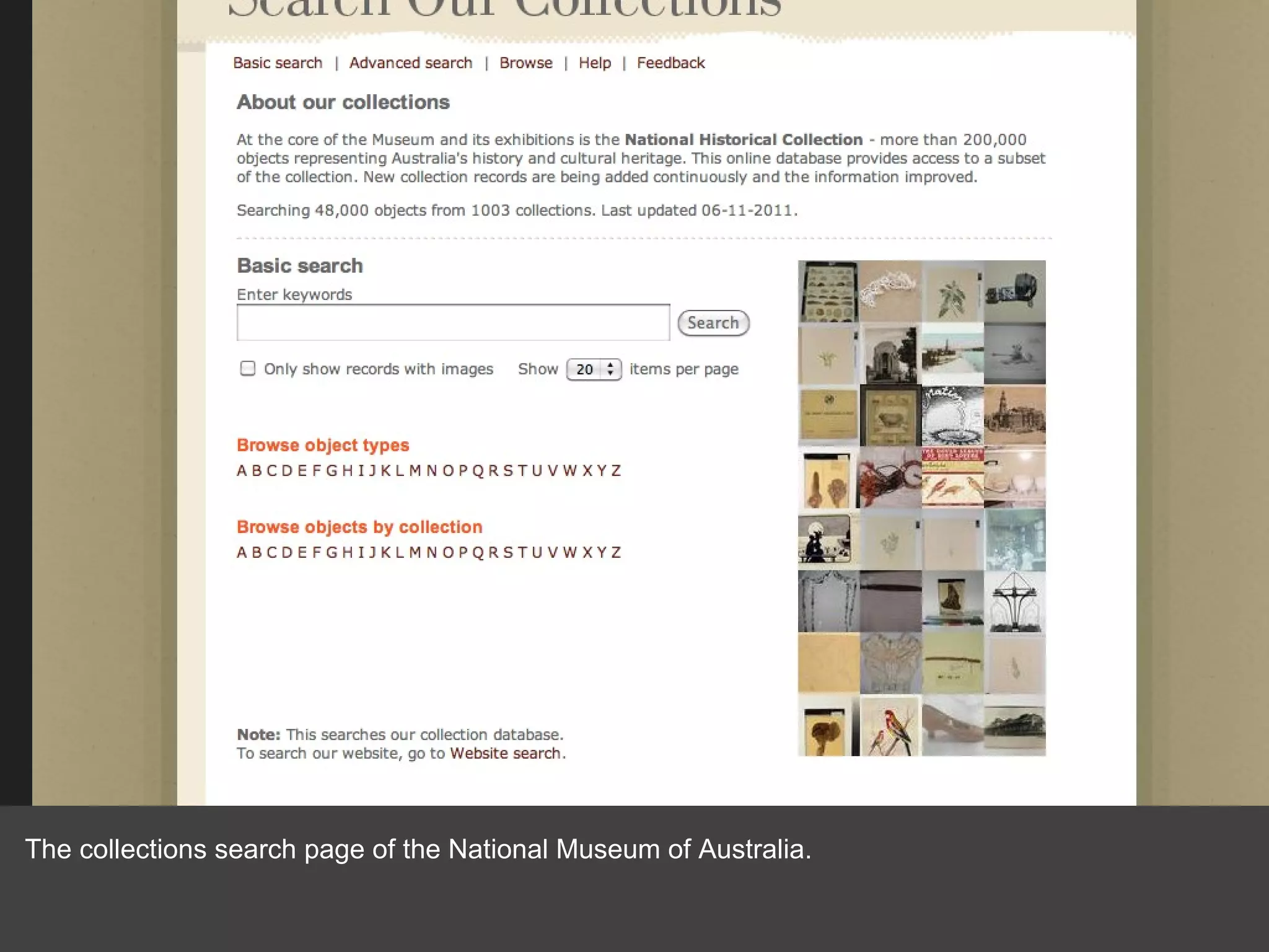 The collections search page of the National Museum of Australia. 