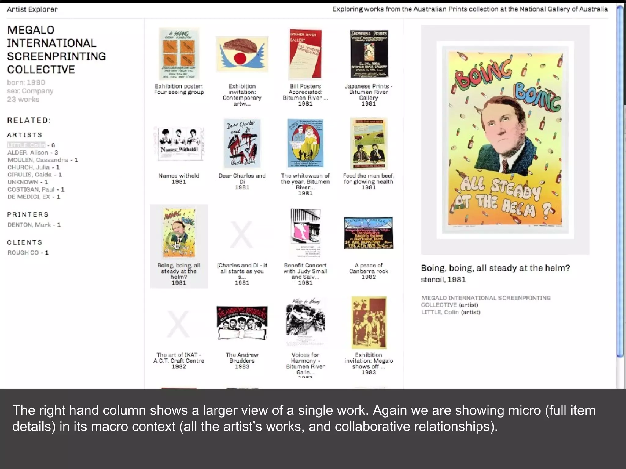 The right hand column shows a larger view of a single work. Again we are showing micro (full item details) in its macro context (all the artist’s works, and collaborative relationships). 