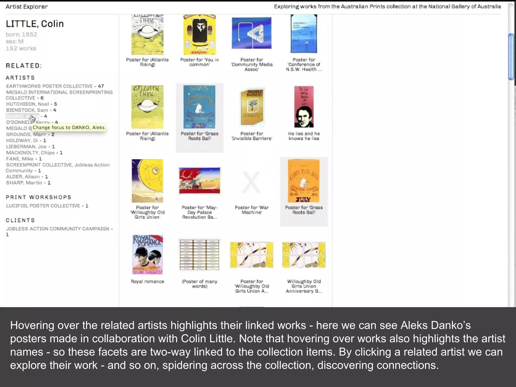 Hovering over the related artists highlights their linked works - here we can see Aleks Danko’s posters made in collaboration with Colin Little. Note that hovering over works also highlights the artist names - so these facets are two-way linked to the collection items. By clicking a related artist we can explore their work - and so on, spidering across the collection, discovering connections. 