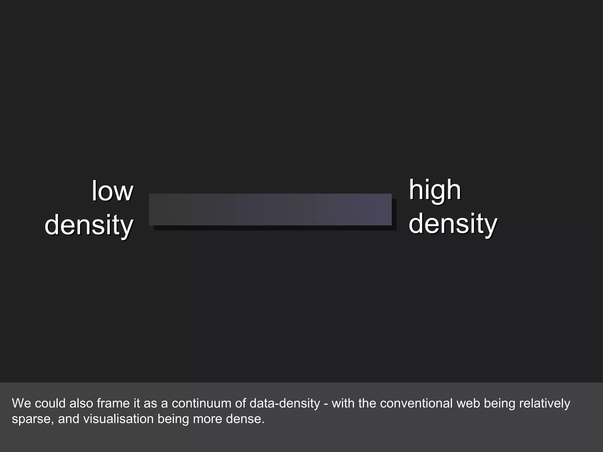 low density high density We could also frame it as a continuum of data-density - with the conventional web being relatively sparse, and visualisation being more dense. 